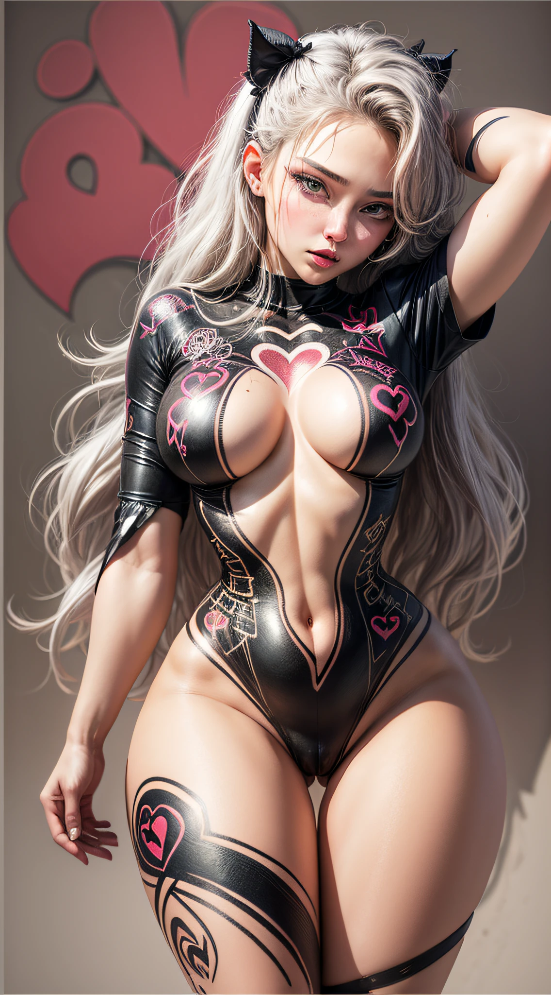 infp young woman, Beautiful breasts, Front opening shirt, Body painting with pop designs drawn directly all over the body, heart shapes, Pop Art Design, cutting edge, lo fashion, The center of attention, newyork, pop-art, pubick hair, cameltoe details,