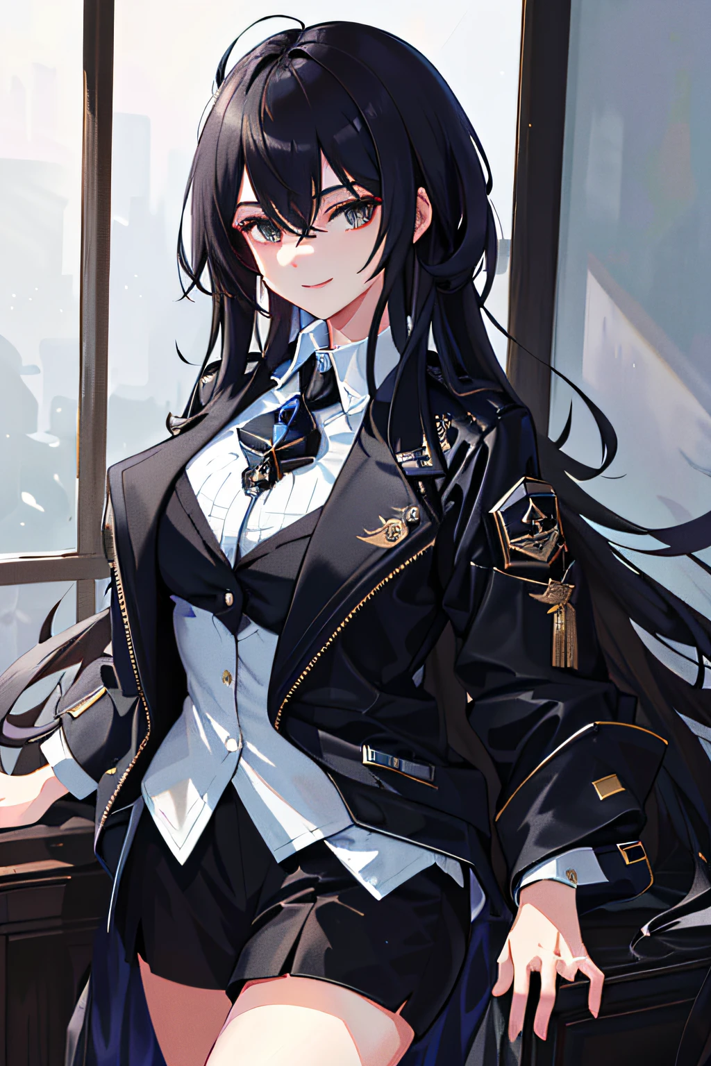 ((best quality)), ((masterpiece)), ((ultra-detailed)), (an extremely delicate and beautiful), a girl, solo, cold attitude,((black jacket)),she looks very (relaxed) and (calm),black hair, depth of field,evil smile