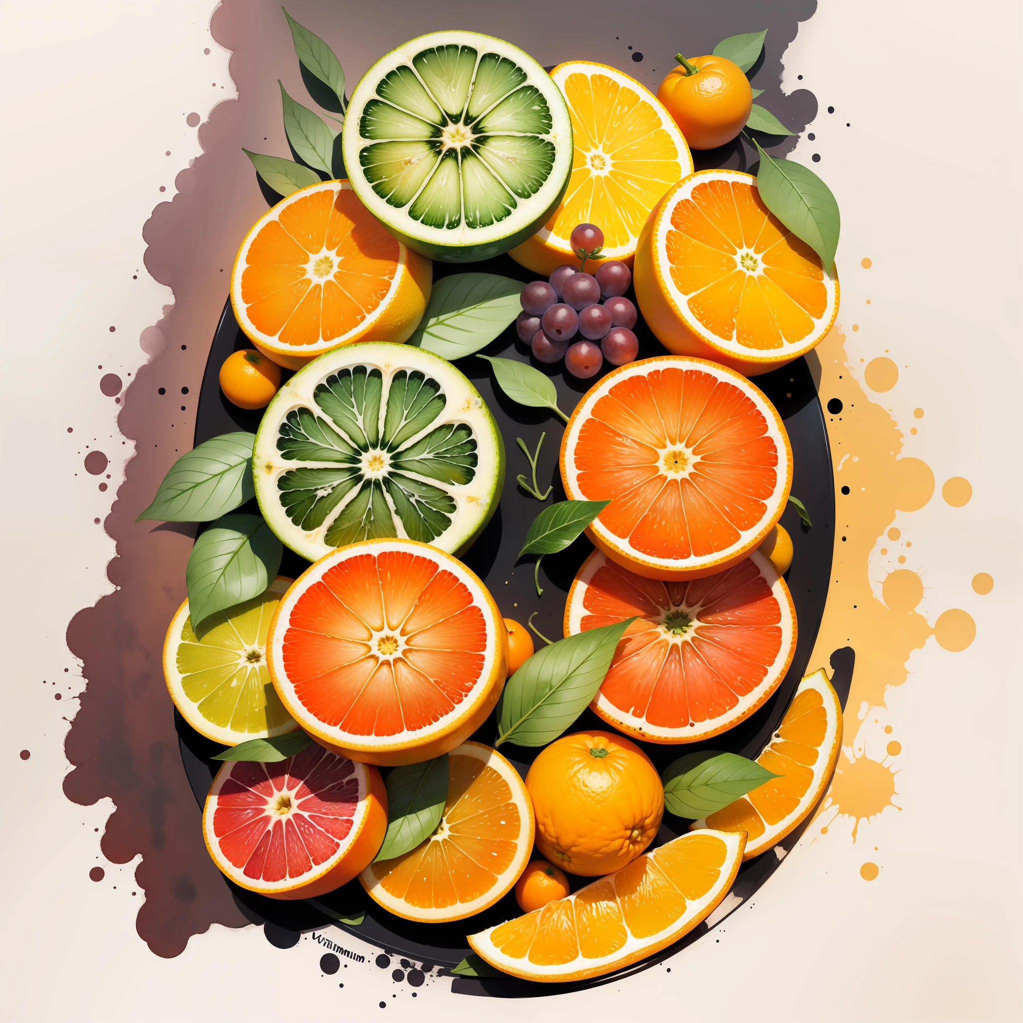 Watercolour and ink, oranges, lemons, tangerines, grapefruits, some of them cut in half. Text "vitamin C".