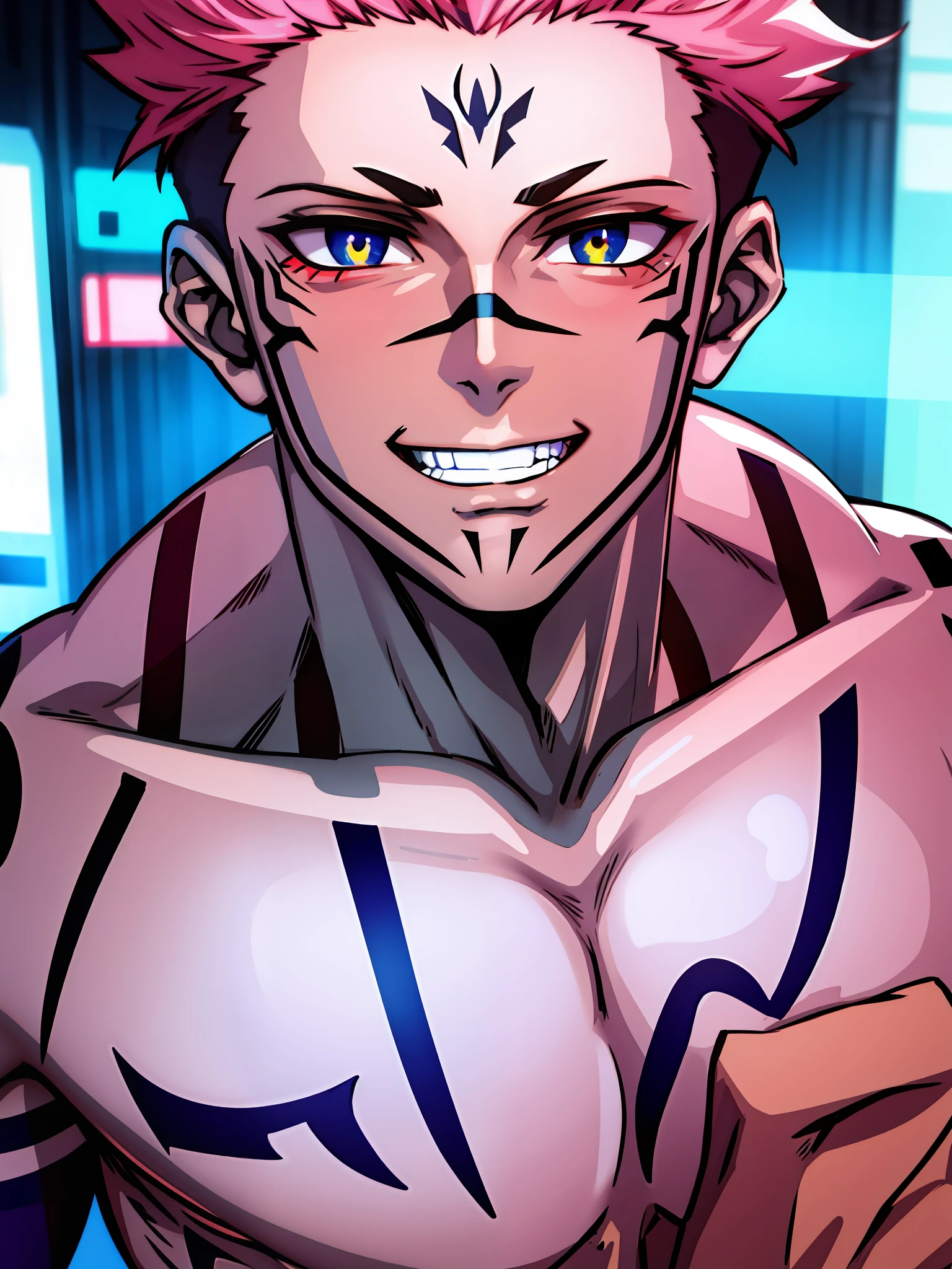 masterpiece, best quality, ultra-detailed, texture, detail eyes,8k, 1boy, Sukuna, a man with pink hair and shirtless, tattoo_ryoumen, tattoo_on_his_face, tattoo on body, looking at viewer, abs, detailed eyes, detailed face, (masterpiece:1.4),(best quality:1.4),(shiny skin),realistic, bright, neon lights, night, midnight, city, cyberpunk, light ,