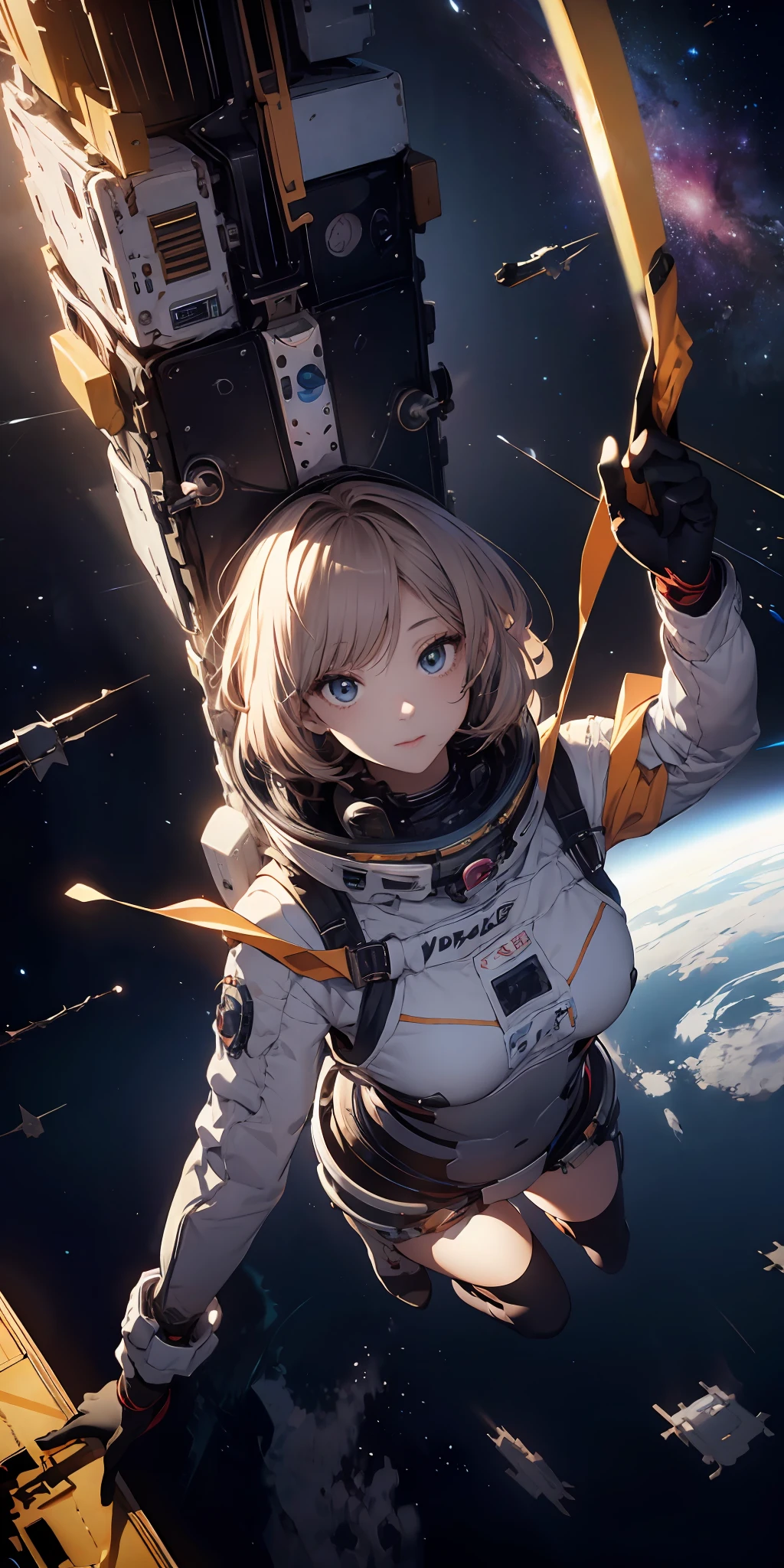absurd res, A high resolution, (巨作:1.4), A highly detailed, 1girll, From above, space, Floating, space suit, Sharp focus, (Cinematic lighting), (1girll), Slight smile