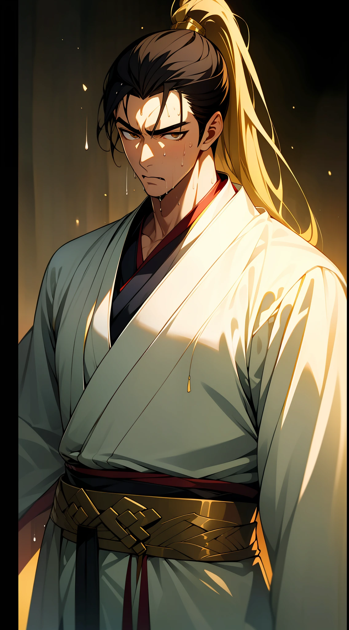 Two-dimensional, anime style, man (male warrior), muscle, correct proportions, face details, martial arts, high ponytail hairstyle, sweating, sweaty face, drooling, neck details, with Adam's apple, wet, wet, Hanfu costume, long robe, embroidered robe, dragon robe, clothing details, collar, long sleeves, game quality, swordsman demeanor, light and shadow tracing, ray tracing, detail glow, CG rendering, hair details, long black hair, golden eyes, sweaty face, handsome, handsome, sweat beads slipping down the neck, (juvenile feeling), complex clothing, wet, wet, perfect composition, refinement, high quality, more details, a lot of details, complex background, atmosphere,