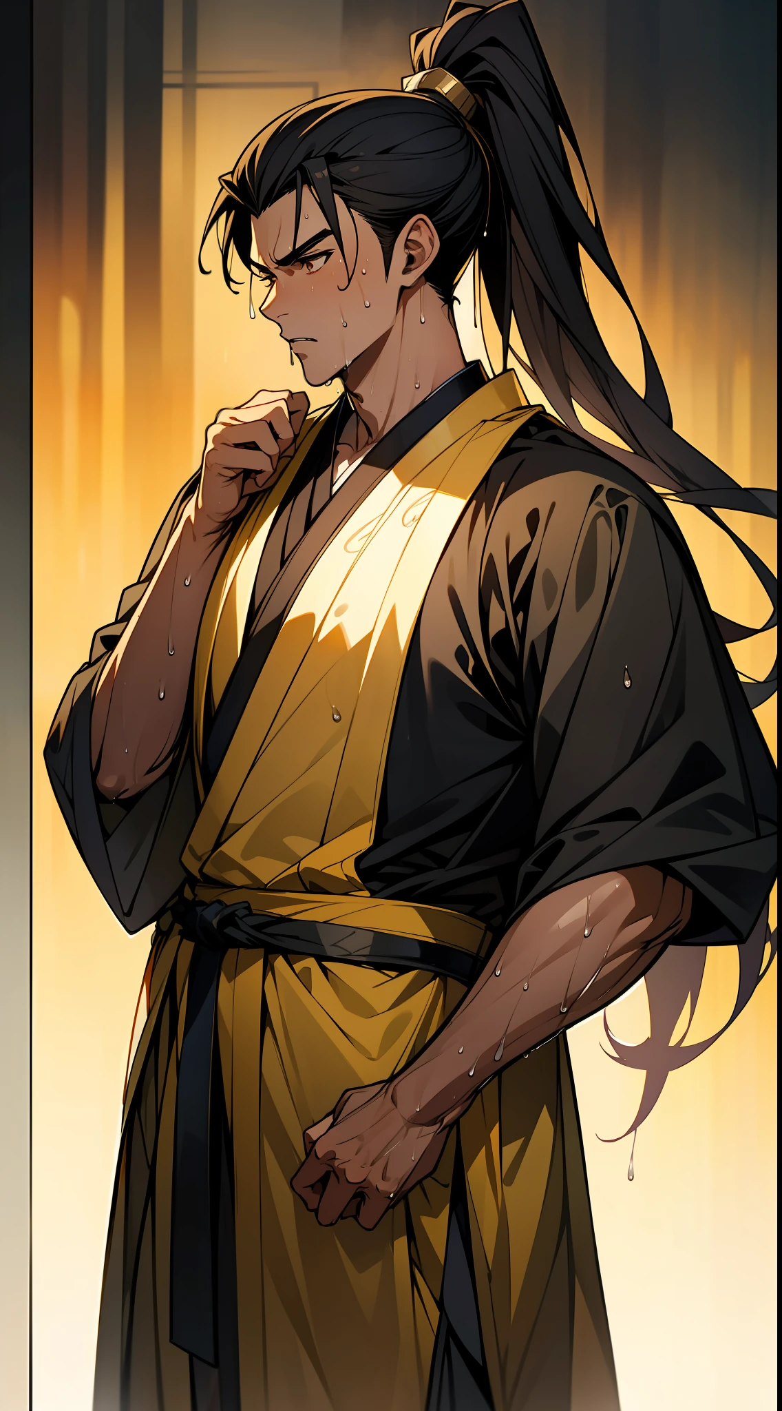 Two-dimensional, anime style, man (male warrior), muscle, correct proportions, face details, martial arts, high ponytail hairstyle, sweating, sweaty face, drooling, neck details, with Adam's apple, wet, wet, Hanfu costume, long robe, embroidered robe, dragon robe, clothing details, collar, long sleeves, game quality, swordsman demeanor, light and shadow tracing, ray tracing, detail glow, CG rendering, hair details, long black hair, golden eyes, sweaty face, handsome, handsome, sweat beads slipping down the neck, (juvenile feeling), complex clothing, wet, wet, perfect composition, refinement, high quality, more details, a lot of details, complex background, atmosphere,