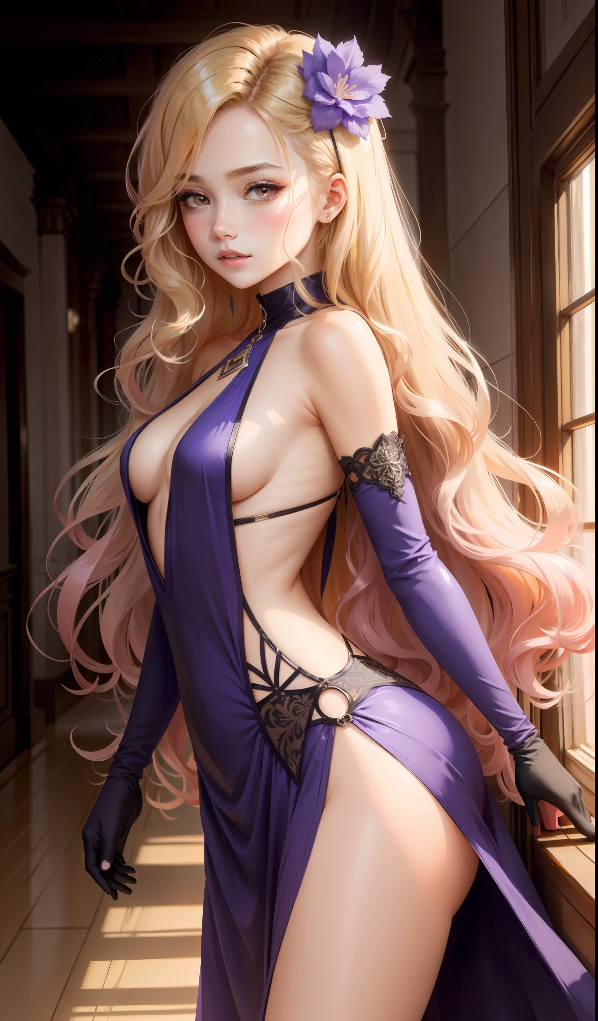 a woman wearing , lilac and purple dress with a slit for the left leg, backless dress , black elbow length gloves, lilac high heels, purple flowery hair pin, elegant , cute face, nike shoes, , adult face, long hair, ((honey coloured hair)) and gleaming detailed vibrant purple eyes, slim frame, medium breast size , long legs, beautiful face, small glossy pink lips, long wavy hair, standing pose, small soft hands