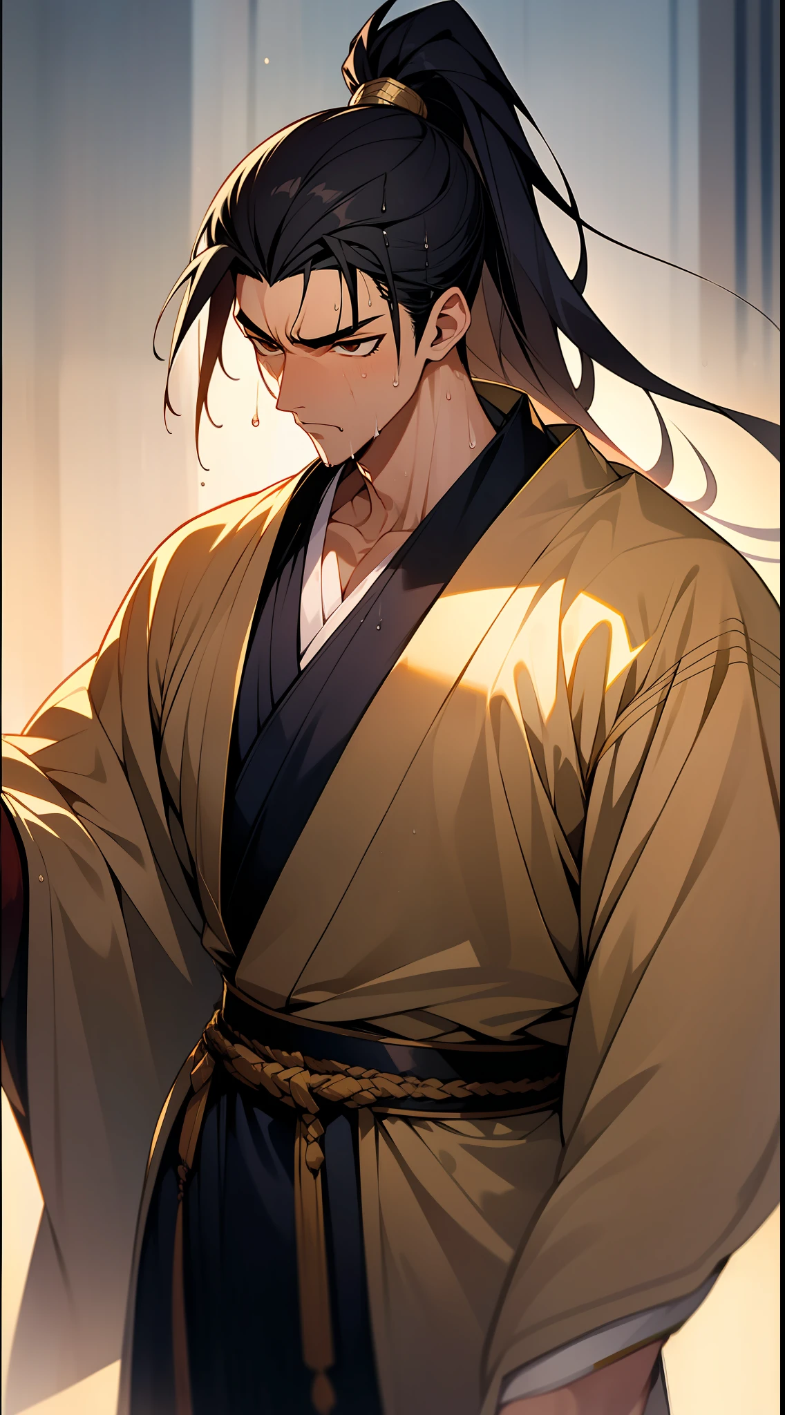 Two-dimensional, anime style, man (male warrior), muscle, correct proportions, face details, martial arts, high ponytail hairstyle, sweating, sweaty face, drooling, neck details, with Adam's apple, wet, wet, Hanfu costume, long robe, embroidered robe, dragon robe, clothing details, collar, long sleeves, game quality, swordsman demeanor, light and shadow tracing, ray tracing, detail glow, CG rendering, hair details, long black hair, golden eyes, sweaty face, handsome, handsome, sweat beads slipping down the neck, (juvenile feeling), complex clothing, wet, wet, perfect composition, refinement, high quality, more details, a lot of details, complex background, atmosphere,