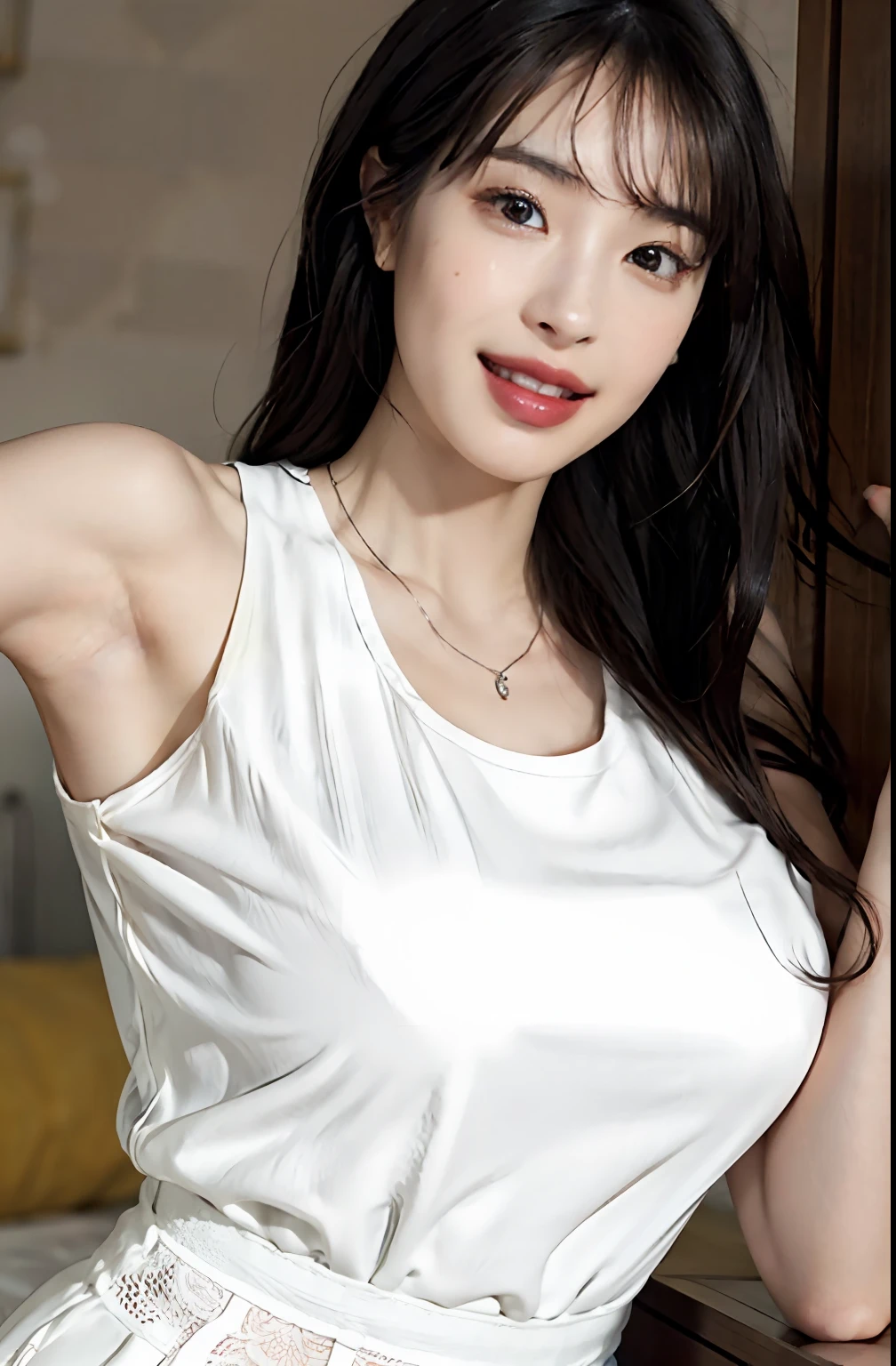 (A hyper-realistic), (illustratio), (hight resolution), (8K), (ighly detailed), (The best illustrations), (beatiful detailed eyes), (top-quality), (ultra-detailliert), (masterpiece), (wall-paper), (详细的脸), a bed、Upper body close-up,Armpit, A smile,Plump,独奏,Girl in white tank top with open chest, japanes, large full breasts, (camel's toe)、huge-breasted、Detailed, well-groomed white teeth、Ultimate Beauty、shot on the Canon EOS R 6、full of sweat、(beautiful detailed teeth)、Silver necklace、Park with sunshine、Perfect and beautiful female hands、Perfect tooth alignment、Perfect fingers、Navel dashi、Mansuji、Beautiful butt、
