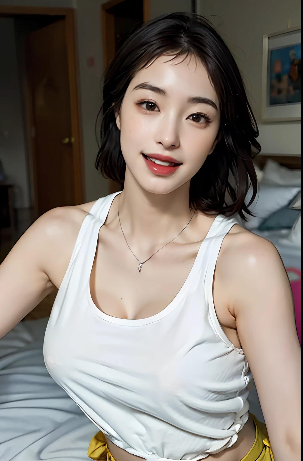 (A hyper-realistic), (illustratio), (hight resolution), (8K), (ighly detailed), (The best illustrations), (beatiful detailed eyes), (top-quality), (ultra-detailliert), (masterpiece), (wall-paper), (详细的脸), a bed、Upper body close-up,Armpit, A smile,Plump,独奏,Girl in white tank top with open chest, japanes, large full breasts, (camel's toe)、huge-breasted、Detailed, well-groomed white teeth、Ultimate Beauty、shot on the Canon EOS R 6、full of sweat、(beautiful detailed teeth)、Silver necklace、Park with sunshine、Perfect and beautiful female hands、Perfect tooth alignment、Perfect fingers、Navel dashi、Mansuji、Beautiful butt、