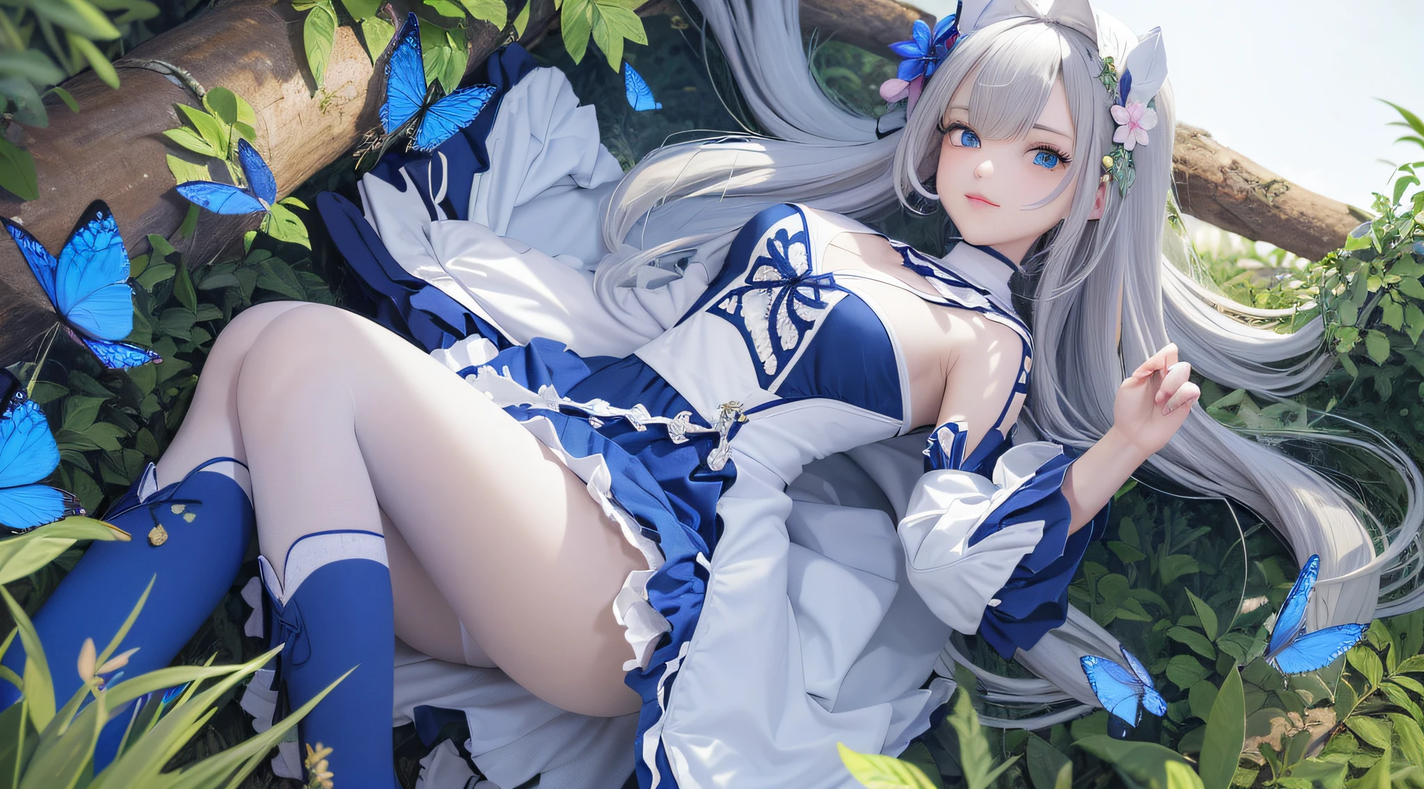 (Overlooking the perspective),dynamic angle,Super meticulous,illustratio,closeup cleavage,Looking directly at,1girll,(fanciful:1.4),(Blue eyes:1.233),Her eyes shone like dreamy stars,(glowing light eyes:1.233) ,(美丽细致的眼睛:1.1),(silber hair:1.14),(messy  hair,Very long hair,french braid,Hair between both eyes,Lateral hair),(+(Gray hair flower:1.14)),(Chiffon dress,Uniform white flower pattern)/=(army suit:1.24),(Wide sleeves),(Fingerless gloves),choker necklace,(miko thighhighs),high heels boots,(Frightened expressions),(standing on your feet), (big trees，In the forest，Shadows interlace, All kinds of beasts, ),(flor branca,full bloom),(flowingwater),(Dark Blue World Tree:1.14),(废墟),(natta:1.2 ),Dreamy,soul,(Fluorescence),(Flying translucent blue butterfly:1.15),[[Delicate fingers and hands:0.55]::0.85],(Finger details),(yubao:0.5),3D，full bodyesbian，the detail，Background bokeh，high qulity，high detal，deep v big breasts，huge-breasted，flat lay，Expose cleavage，Large trees interlace，full bodyesbian，Lie on the grass