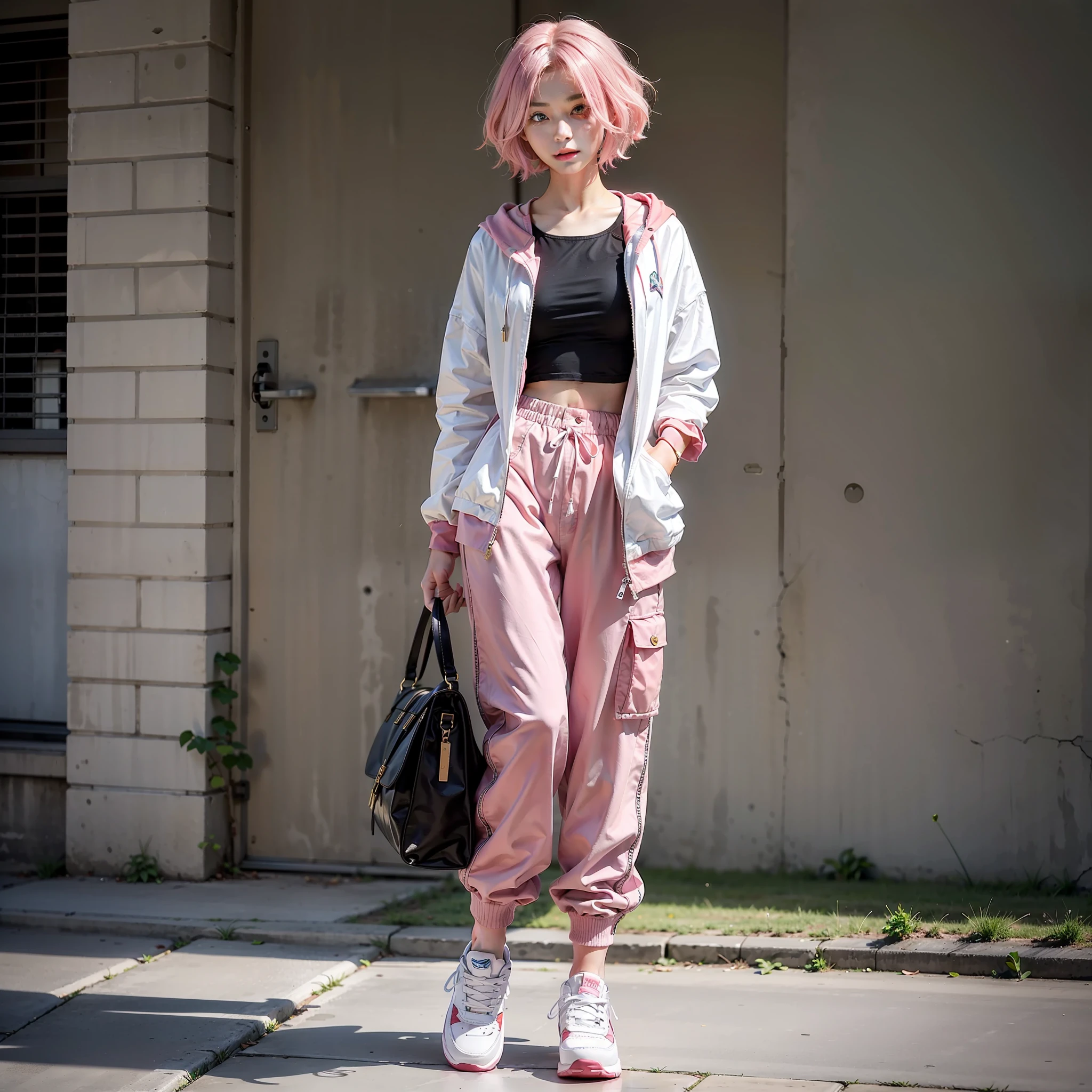 24 years old female model,a matural female,the hair,Very loose pants are pink,Particularly bright light,Short hairstyle,Air Force board shoes