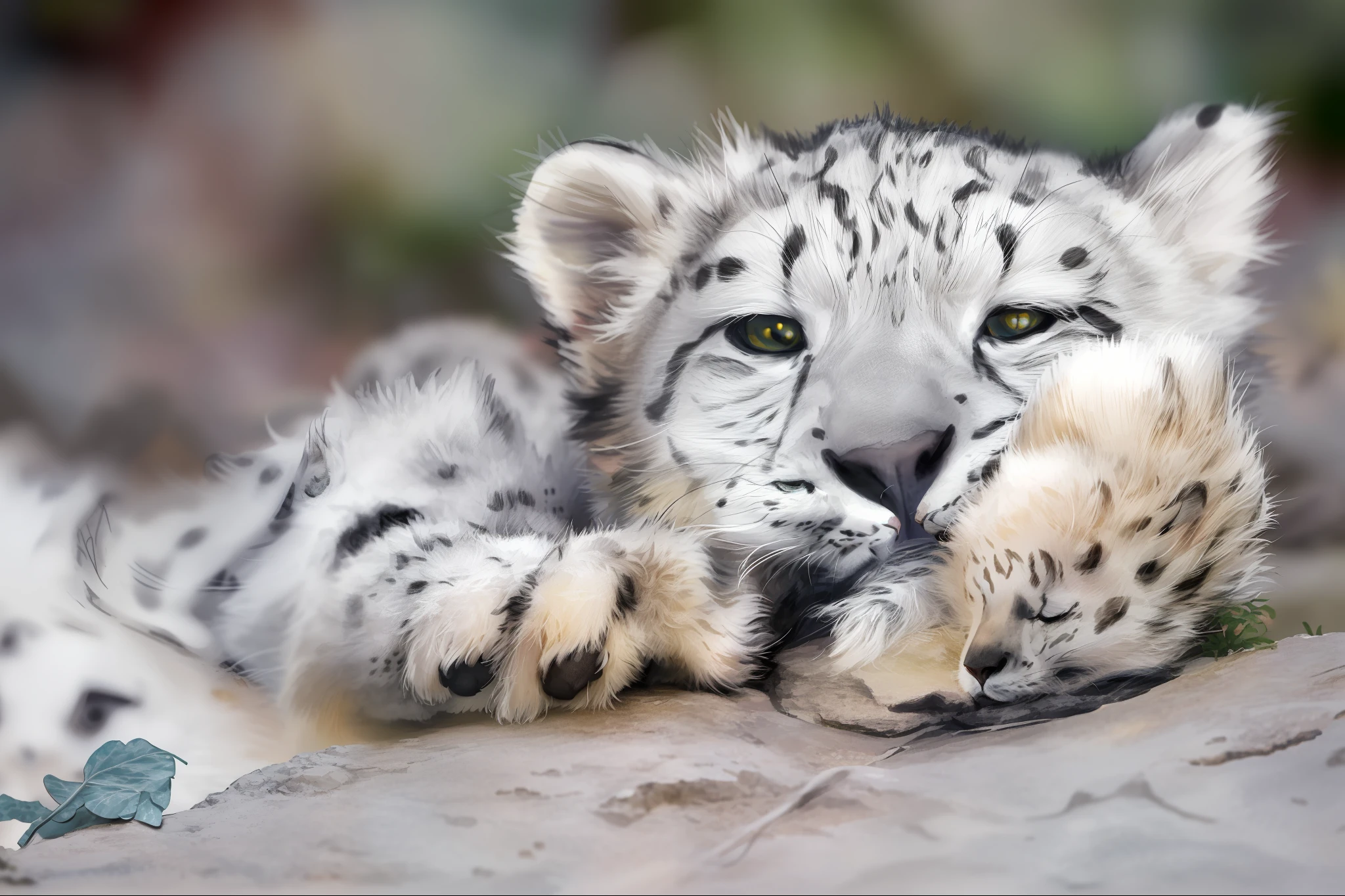 There is a snow leopard lying on a rock，Paw on the face, snow leopard, cute animal, endangered, no words 4 k, Intense expression, inquisitive look, playful pose, curious expressions, nearly napping, painfully adorable, cute cute, fierce expression 4k, peaceful expression, cute cute, sassy pose, beautiful lovely, cub, Cuteness