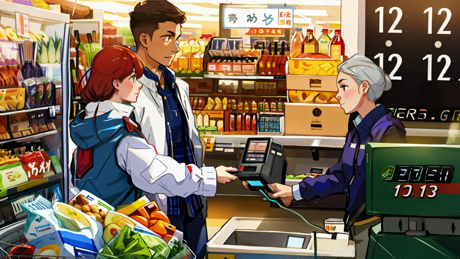 supermarket，couple，Cashiers，Mobile payment