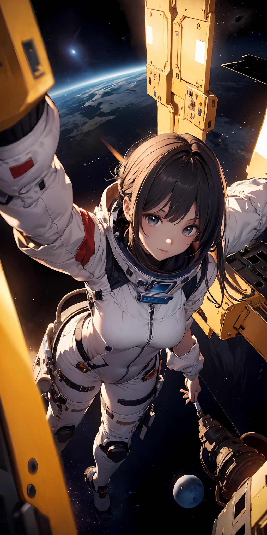 absurd res, A high resolution, (巨作:1.4), A highly detailed, 1girll, From above, space, Floating, space suit, Sharp focus, (Cinematic lighting), (1girll), Slight smile