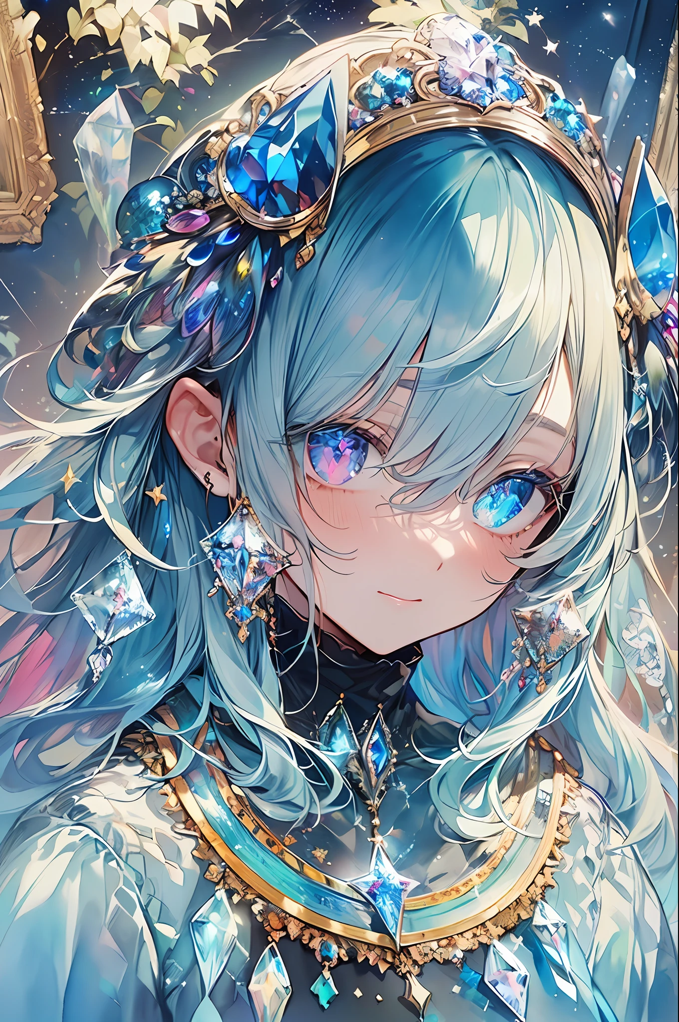 ((masterpiece、top-quality、Watercolor art(Pendants)、Official art、Beautifully Aesthetic:1.2))、(the golden ratio:1.2)、(full body Esbian:1.2)、(ultra-detailliert:1.3)、(1girl in:1.3)、(Fractal Art:1.3)、full body Esbian、((Glitter pupils))、patterns、((rainbow-colored hair、colourful hair、Half light blue and half blue hair:1.2))、colourfull、Writing、(heterochromia iridis)、(colourfull:1.5)、、((Shy face))、((robe blanche))、(Standing)、(Hyper-detailing), ((delicate detail)), (intricate detailes), ((ciinematic light, best quality backlight)), highcontrast, ((The best lighting, extremely delicate and beautiful)), ((ciinematic light))、(ray trace reflection、brilliance)、((glowing aura))、((Radiant hair))、((The ultra-detailliert))、((8K))、((write))、Delicate beautiful face and eyes,Focus on Face, masterpiece,Shock sensation、(realisitic:0.5)、Original 2 High Saturation、((Neat and clean woman))、((tiarra))、nigh sky、((night sky full of stars))、Princess、(((Shining eyes:2))),(((Crystal pupil:1.3))),(((Big eyes:1.3)))、(((Crystals in the eye:1.5))),((Victorian era dresses))