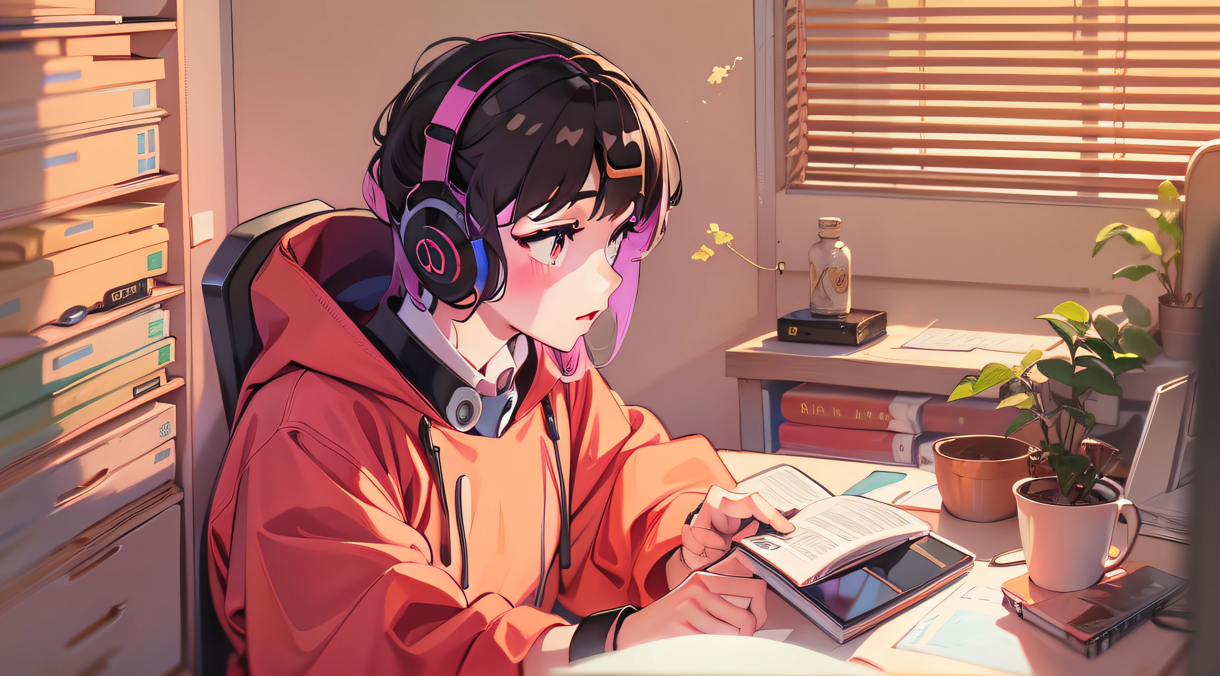 ****** anime sentado em uma mesa com fones de ouvido e um laptop, livros ao lado, ****** lofi, Digital anime illustration, Retrato Lofi, estilo anime 4K, anime moe artstyle, Elogio Artstyle, estilo anime. 8k, estilo anime moderno, arte de anime digital, Ilya Kuvshinov. 4 mil, arte anime de alta qualidade, Arte Lofi, estudo, livros