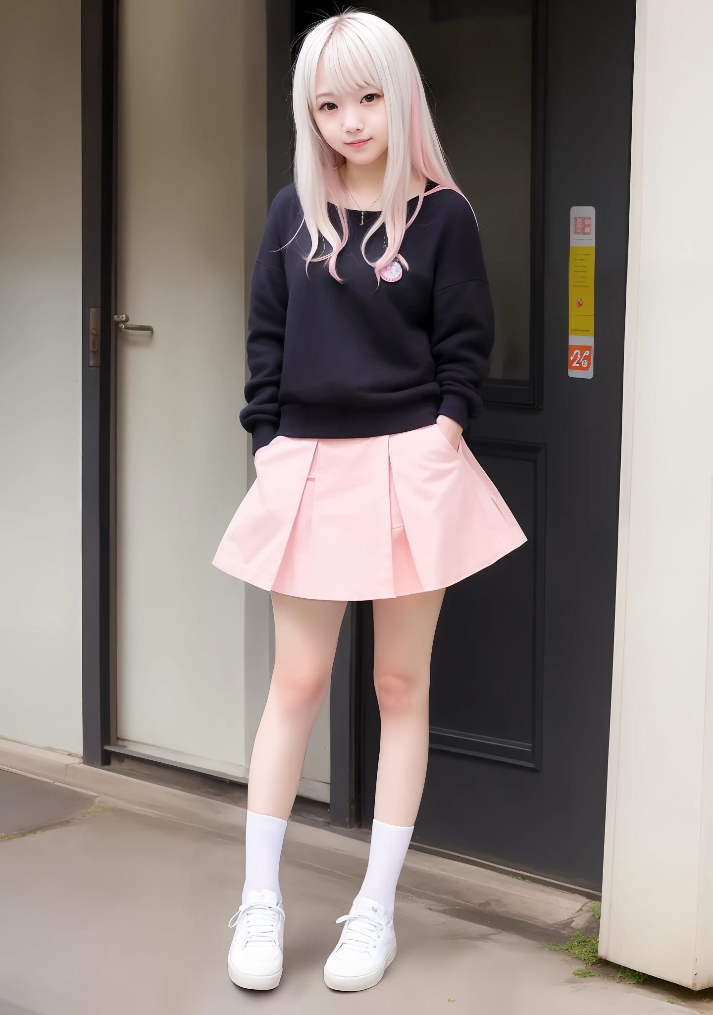 Anime girl in white hair pink skirt，Anime girl，Full-body art，Cute girl，cute artwork，Twelve years old，full bodyesbian。