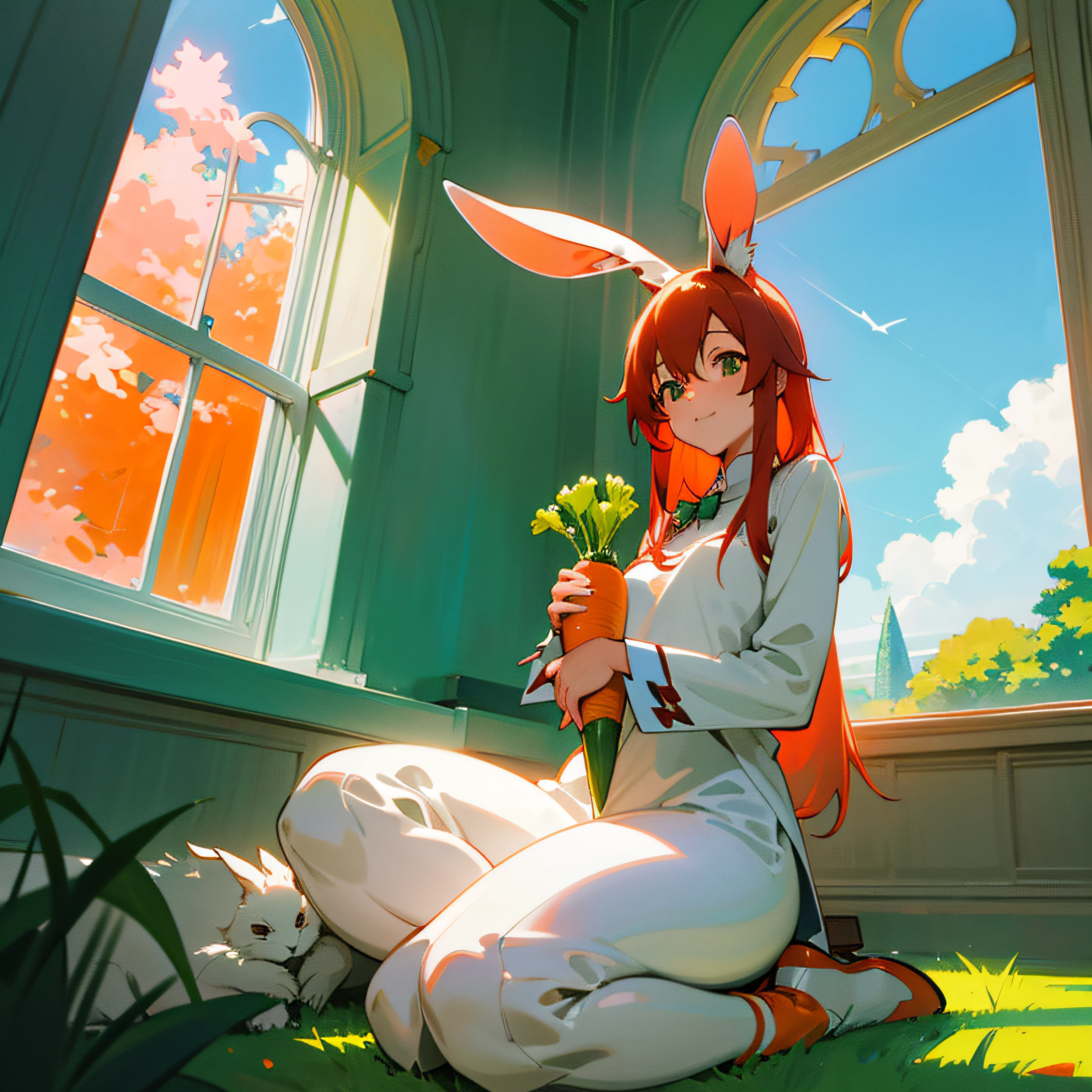 A gray-white rabbit happily holds a large carrot, Sit on the bay window, Outside the window is a large green lawn and a sea field, and the sun was shining brightly, red hair, rabbit ears, anime style, Ghibli-like colours, close-up, UHD --auto