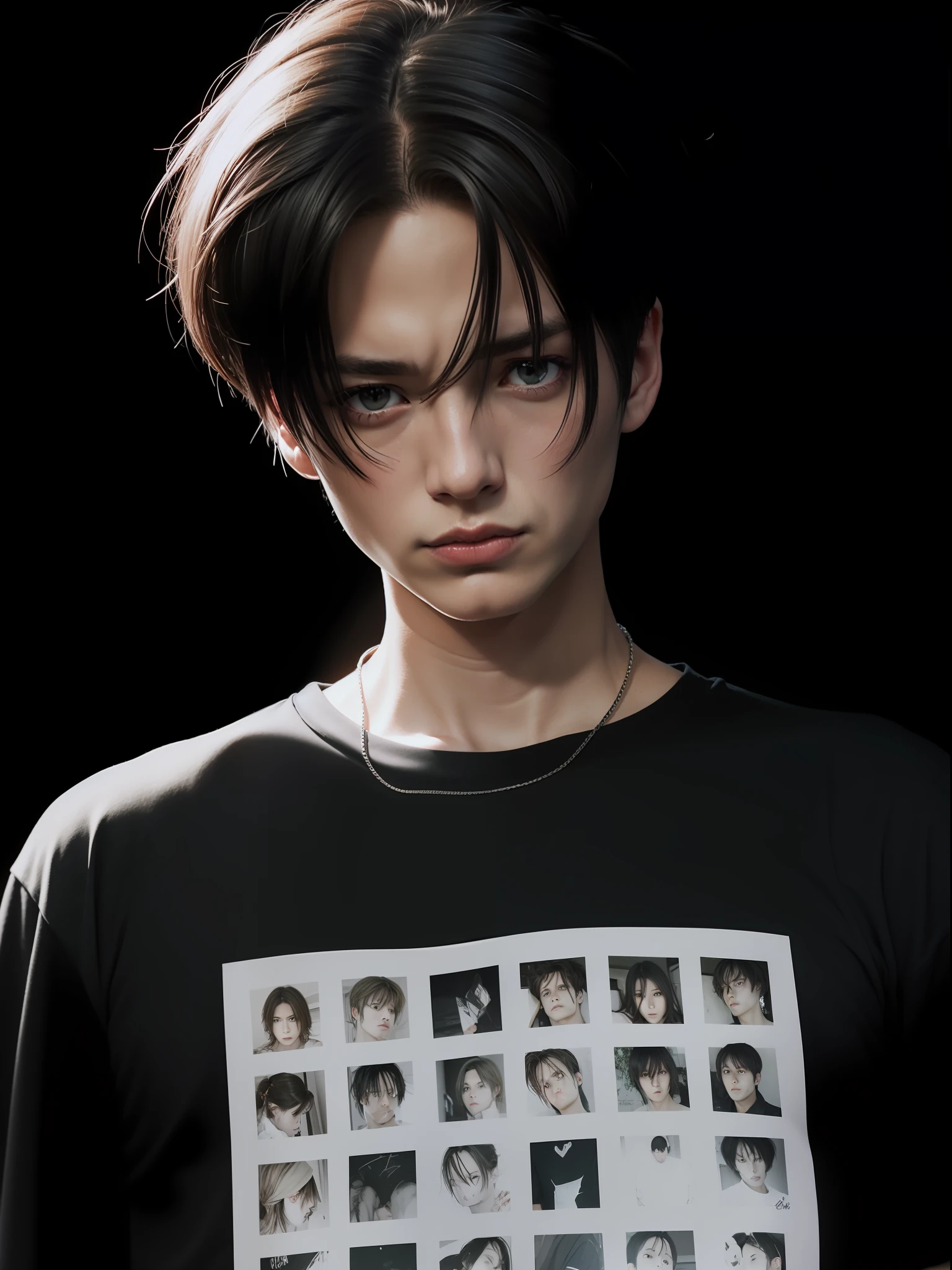 boy, Levi Ackerman, handsome men, black hair, sharp eyes, black t-shirt, dashing, realistic, ultra detail, 70mm lens,