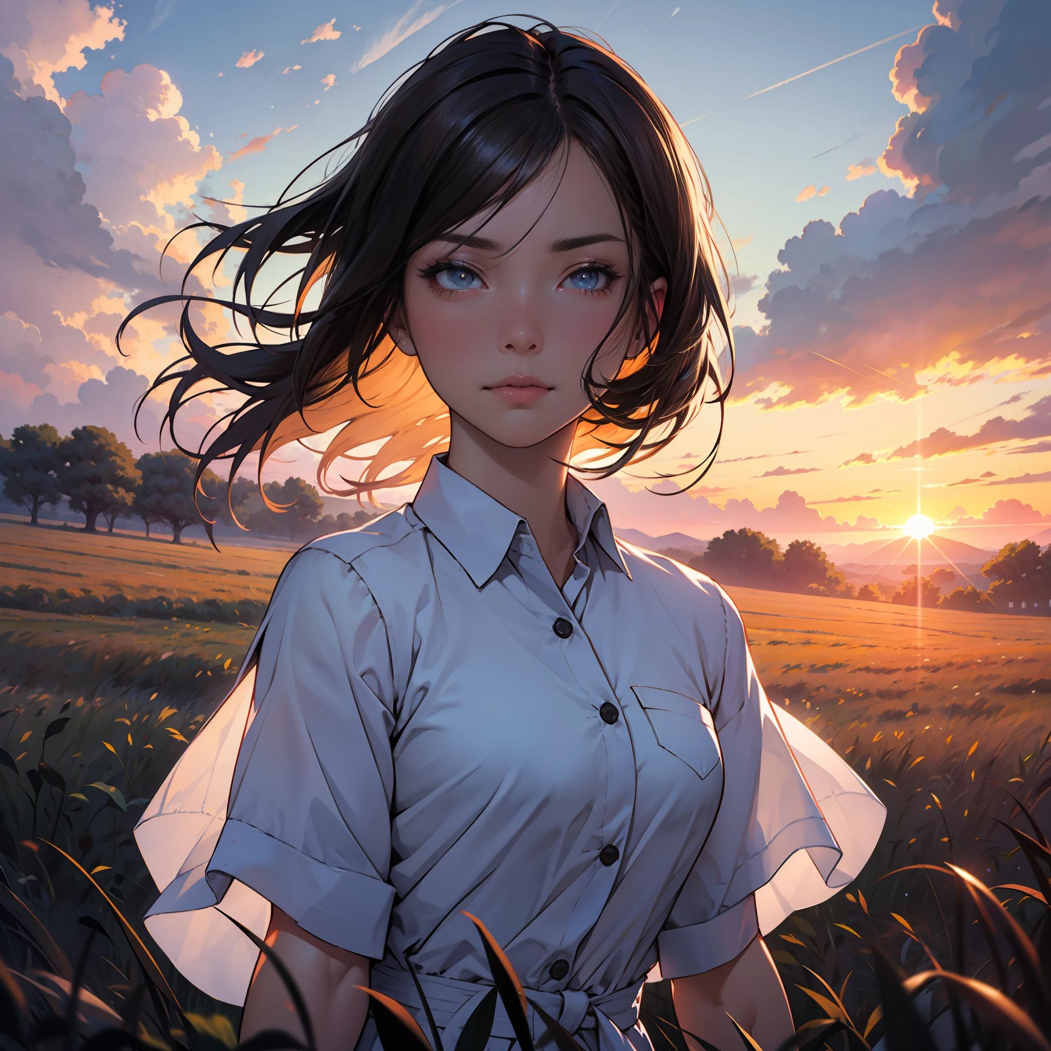 girl standing in field, closeup, portrait, clouds, sunrise