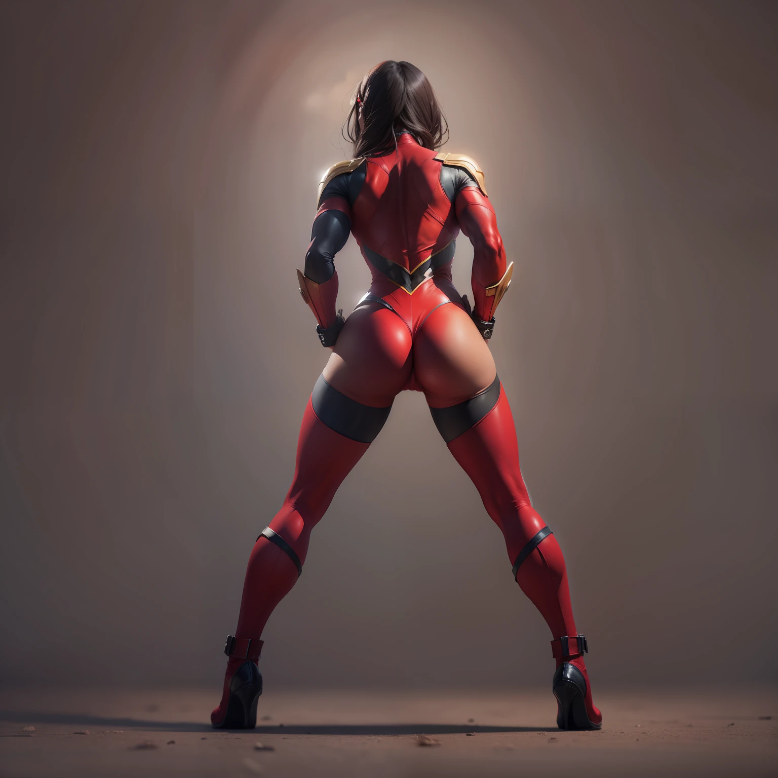 Female superheroes,superhero pose,strong pose,Full body photo,Red tights,Black boots,Back,standing on your feet,The legs are long,Focus on the butt,The butt is round,8K