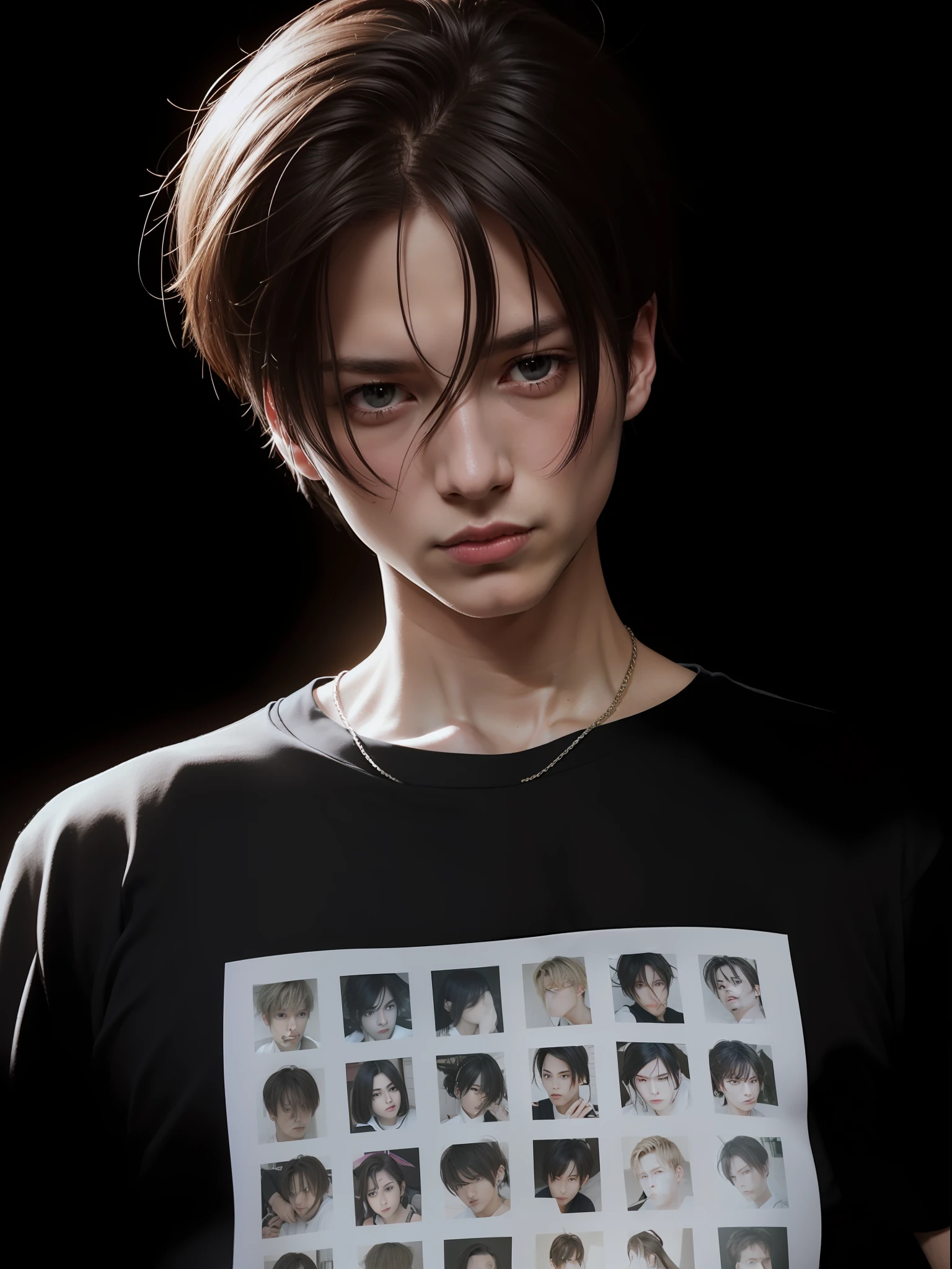 boy, Levi Ackerman, handsome men, black hair, sharp eyes, black t-shirt, dashing, realistic, ultra detail, 70mm lens,