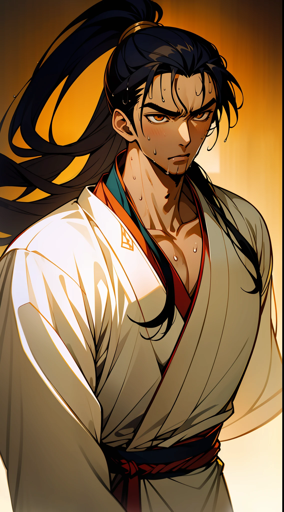 Two-dimensional, anime style, man (male warrior), muscle, correct proportions, face details, martial arts, high ponytail hairstyle, sweating, sweaty face, drooling, neck details, with Adam's apple, wet, wet, Hanfu costume, long robe, embroidered robe, dragon robe, clothing details, collar, long sleeves, game quality, swordsman demeanor, light and shadow tracing, ray tracing, detail glow, CG rendering, hair details, long black hair, golden eyes, sweaty face, handsome, handsome, sweat beads slipping down the neck, (juvenile feeling), complex clothing, wet, wet, perfect composition, refinement, high quality, more details, a lot of details, complex background, atmosphere,