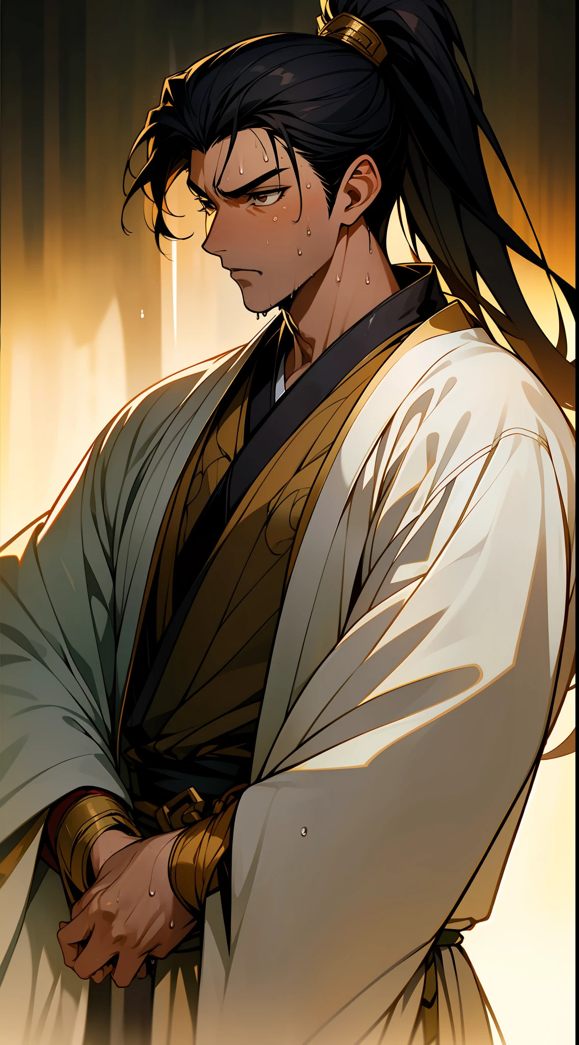 Two-dimensional, anime style, man (male warrior), muscle, correct proportions, face details, martial arts, high ponytail hairstyle, sweating, sweaty face, drooling, neck details, with Adam's apple, wet, wet, Hanfu costume, long robe, embroidered robe, dragon robe, clothing details, collar, long sleeves, game quality, swordsman demeanor, light and shadow tracing, ray tracing, detail glow, CG rendering, hair details, long black hair, golden eyes, sweaty face, handsome, handsome, sweat beads slipping down the neck, (juvenile feeling), complex clothing, wet, wet, perfect composition, refinement, high quality, more details, a lot of details, complex background, atmosphere,