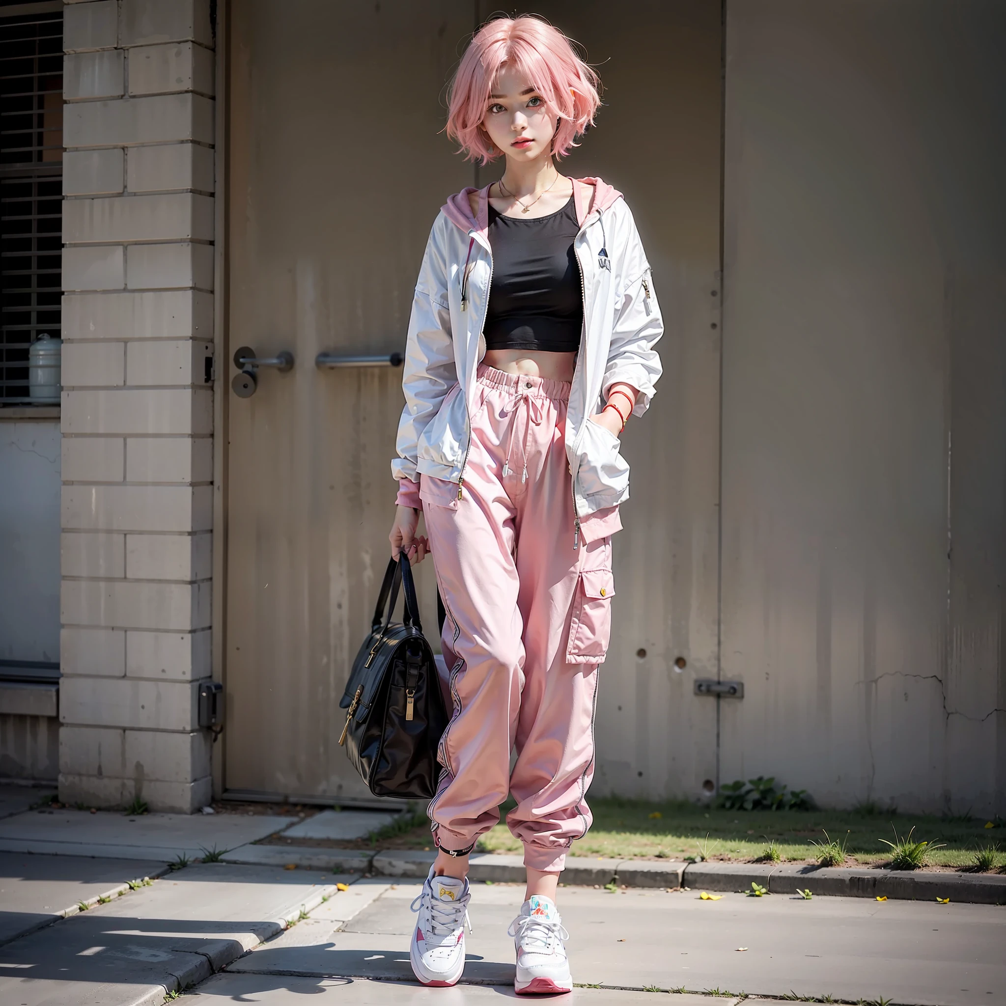 24 years old female model,a matural female,the hair,Very loose pants are pink,Particularly bright light,Short hairstyle,Air Force board shoes