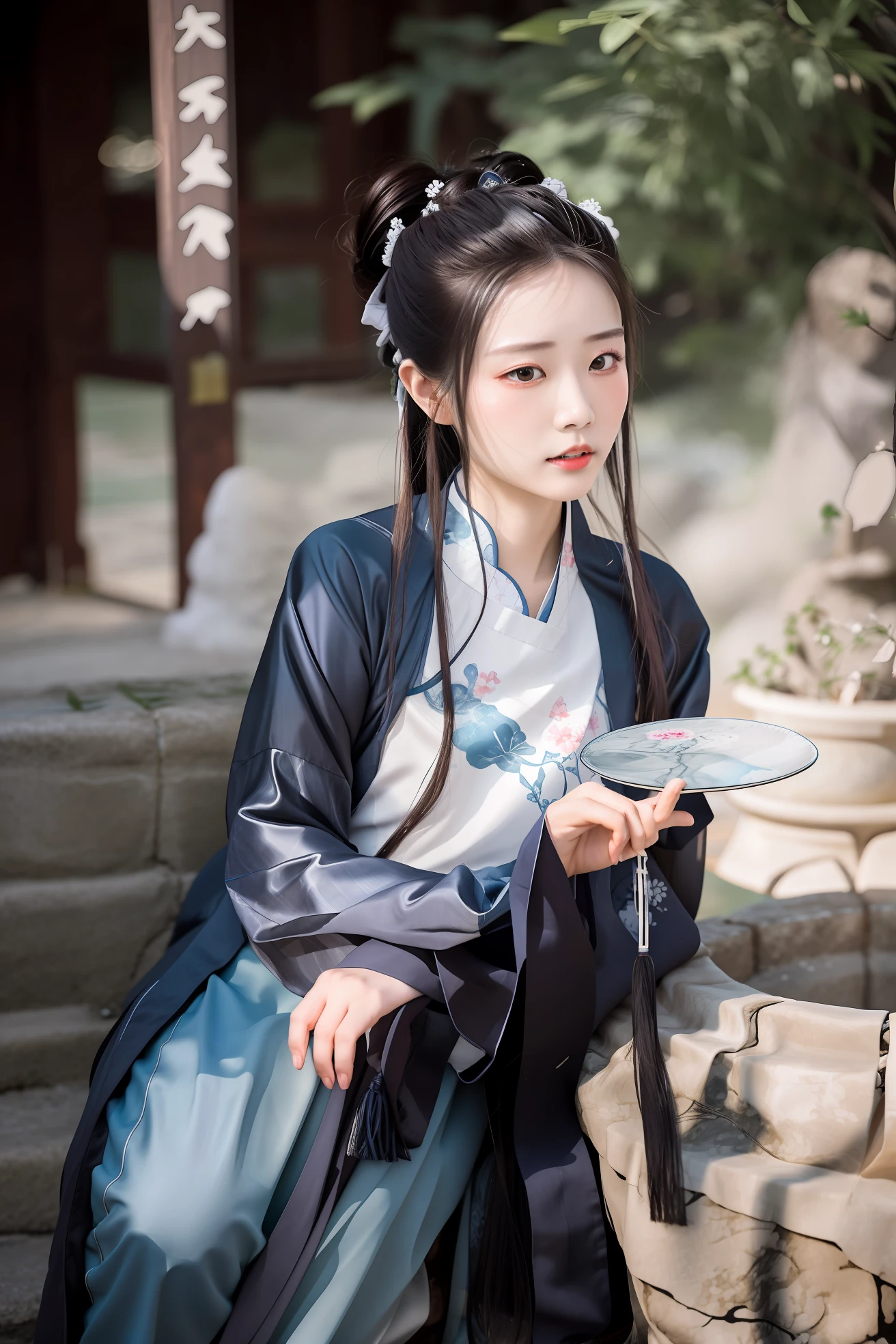 A woman in a white kimono sits on a stone platform, Hanfu, Seaside A girl in Hanfu, with acient chinese clothes, White Hanfu, Traditional Chinese clothing, Wearing ancient Chinese clothes, Chinese costume, Chinese traditional, long beautiful flowing kimono, long white robe, traditional tai costume, Chinese dress, full-body xianxia