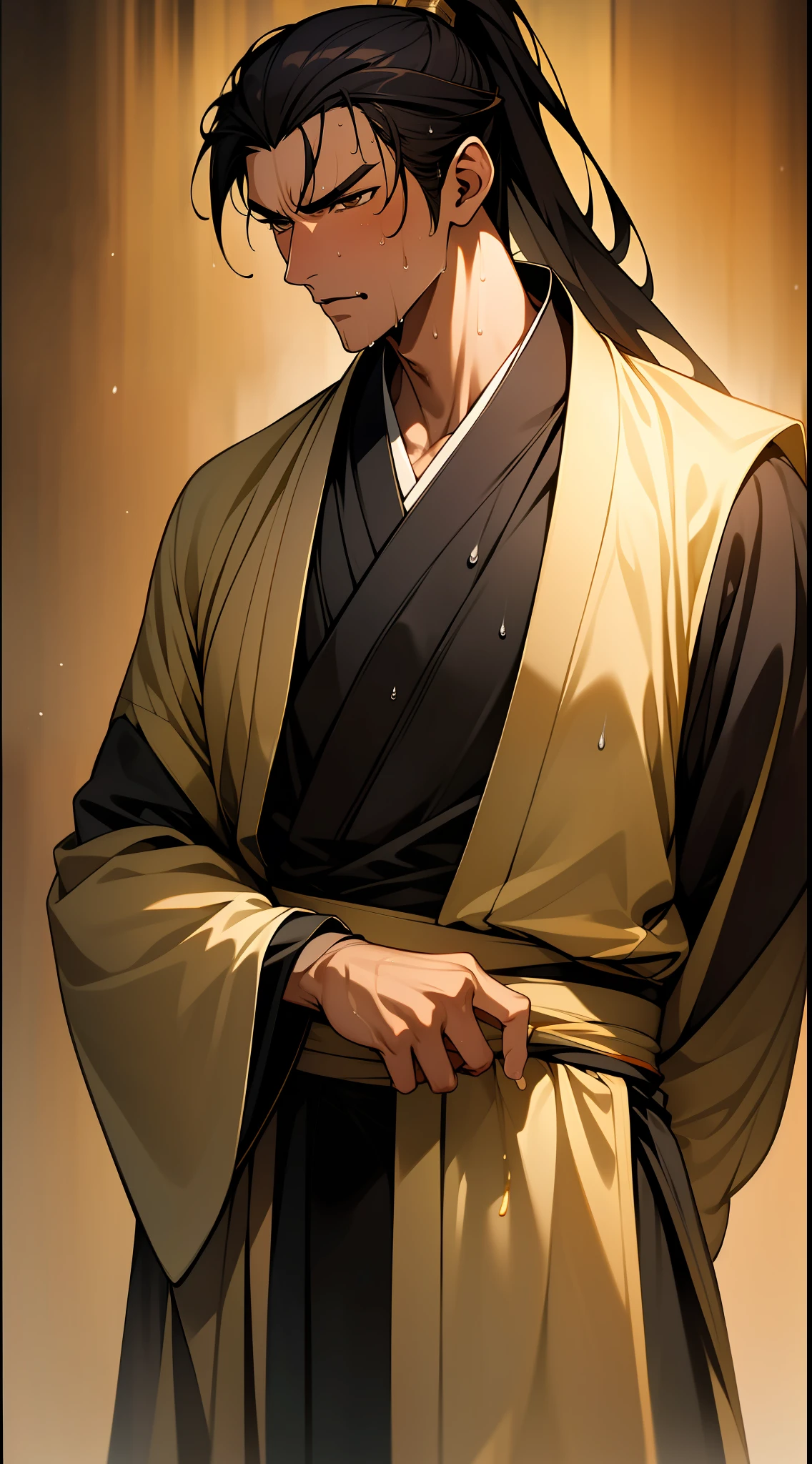 Two-dimensional, anime style, man (male warrior), muscle, correct proportions, face details, martial arts, high ponytail hairstyle, sweating, sweaty face, drooling, neck details, with Adam's apple, wet, wet, Hanfu costume, long robe, embroidered robe, dragon robe, clothing details, collar, long sleeves, game quality, swordsman demeanor, light and shadow tracing, ray tracing, detail glow, CG rendering, hair details, long black hair, golden eyes, sweaty face, handsome, handsome, sweat beads slipping down the neck, (juvenile feeling), complex clothing, wet, wet, perfect composition, refinement, high quality, more details, a lot of details, complex background, atmosphere,