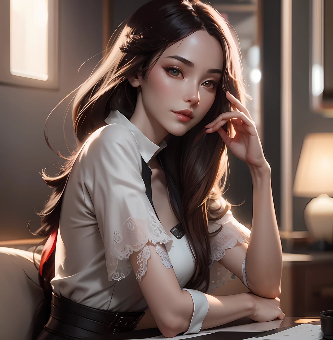 there is a woman that is sitting down with her hand on her chin, digital art of an elegant, artwork in the style of guweiz, elegant digital painting, inspired by Yanjun Cheng, exquisite digital illustration, in the art style of bowater, style in digital painting, beautiful digital illustration, guweiz, by Yang J, beautiful character painting,((Best quality)), ((masterpiece)), (detailed:1.4), 3D, an image of a beautiful female,HDR (High Dynamic Range),Ray Tracing,NVIDIA RTX,Super-Resolution,Unreal 5,Subsurface scattering,PBR Texturing,Post-processing,Anisotropic Filtering,Depth-of-field,Maximum clarity and sharpness,Multi-layered textures,Albedo and Specular maps,Surface shading,Accurate simulation of light-material interaction,Perfect proportions,Octane Render,Two-tone lighting,Wide aperture,Low ISO,White balance,Rule of thirds,8K RAW,