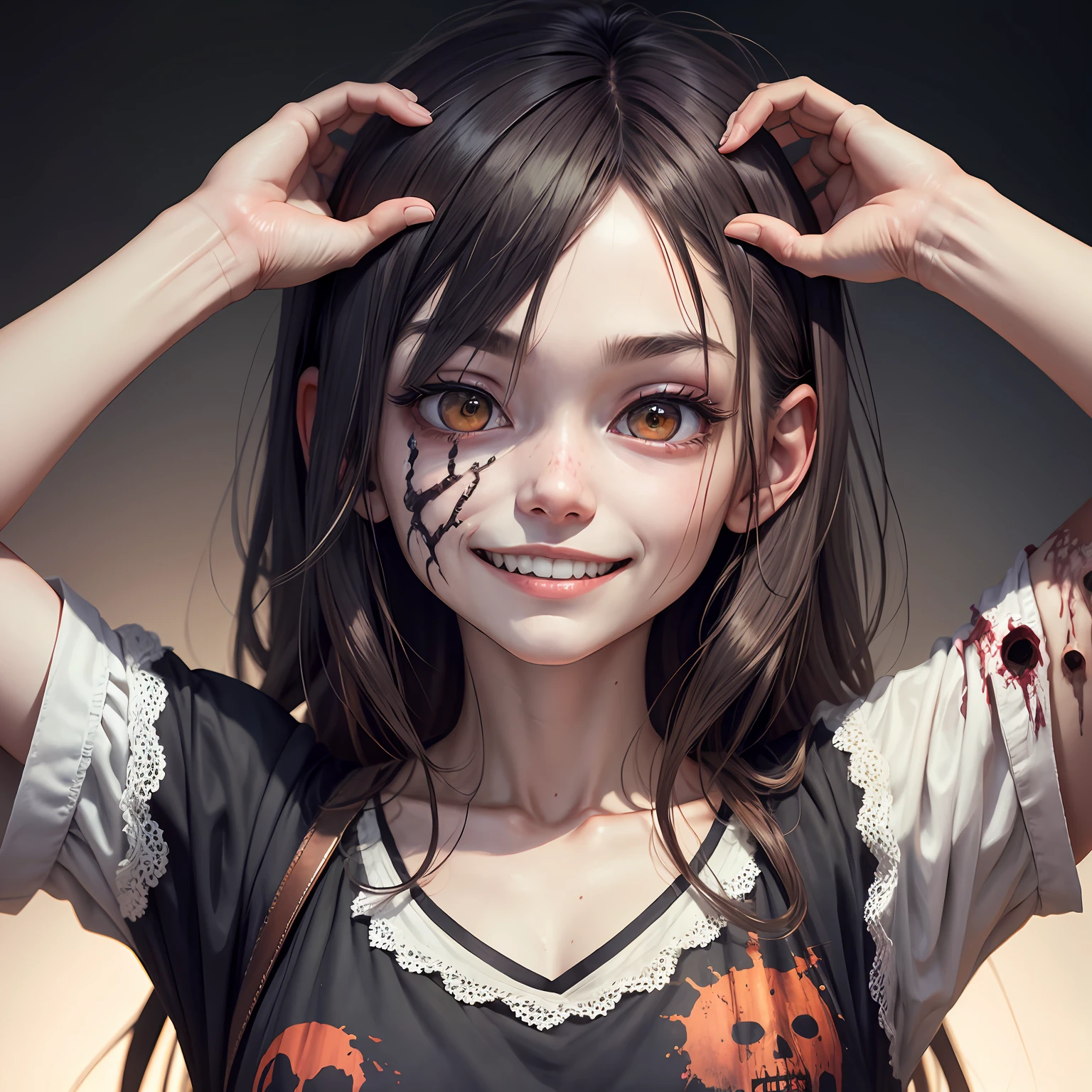 Half Zombie、Half human、Human face is a smile、Crisp split