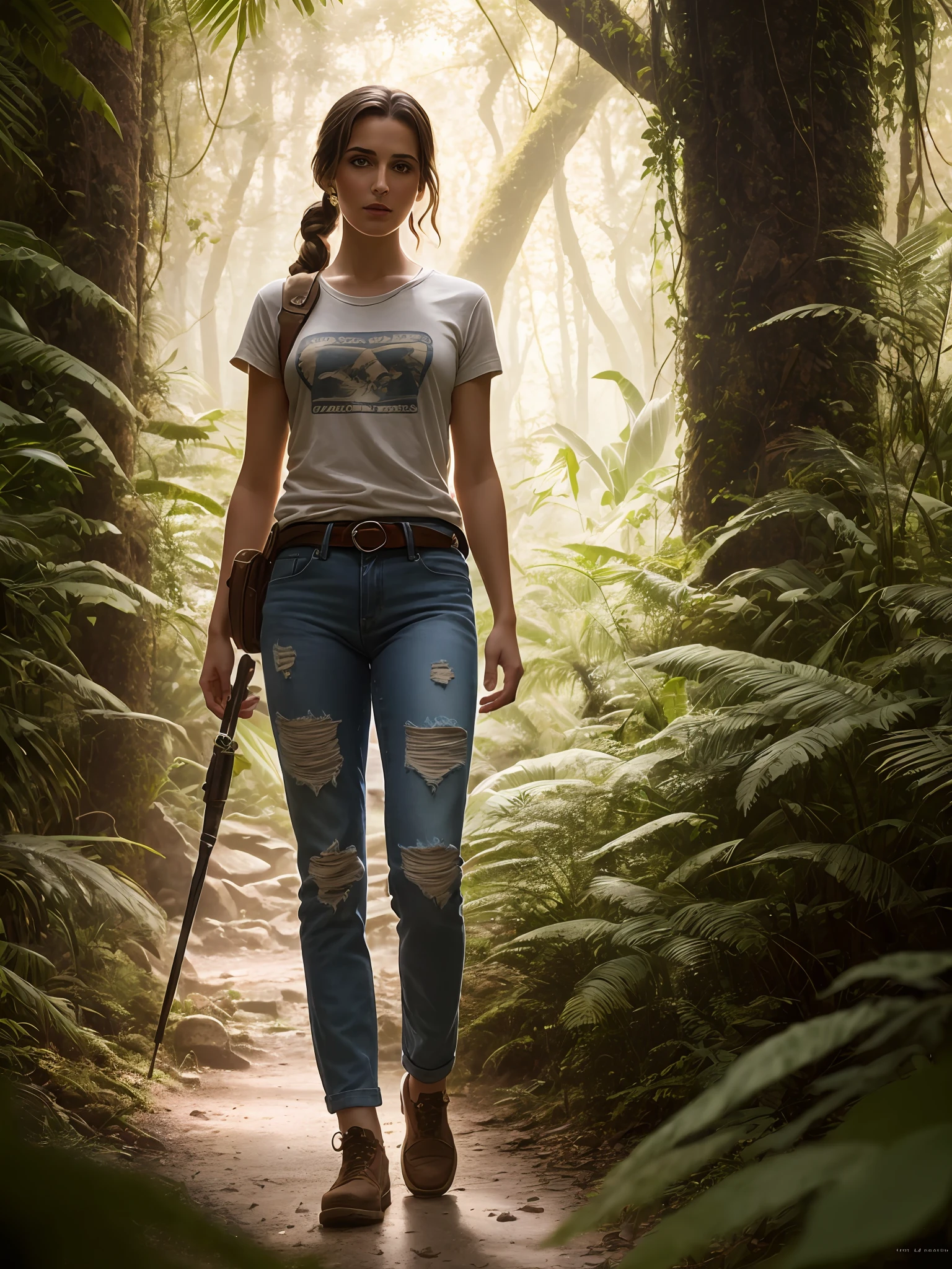 a beautiful cinematic masterpiece portrait of Tirkish girl with black weavy hair as lara croft from tomb raider, covered in dirt, treasure hunter, ((white basic teeshirt, full length shirt, tight torn jeans)), with a complex jungle background with ancient jungle ruins, by gil elvgren, by frank frazetta, by greg rutkowski, trending on artstation, featured on pixiv, hyper detailed, beautiful studio lights, intricate elegant digital painting, cinematic composition, dramatic pose, smooth, sharp focus, (((professional photography))),dappled light, romantic, HDR, highly detailed, hasselblad, 8k, hyper realistic, eye level shot, f1.4 aperture, 8mm film grain, cinestill 800, by Jean Paul Gaultier and Jules Bastien-Lepage and Stella McCartney, (((professional photography))),dappled light, romantic, HDR, highly detailed, hasselblad, 8k, hyper realistic, eye level shot, f1.4 aperture, 8mm film grain, cinestill 800