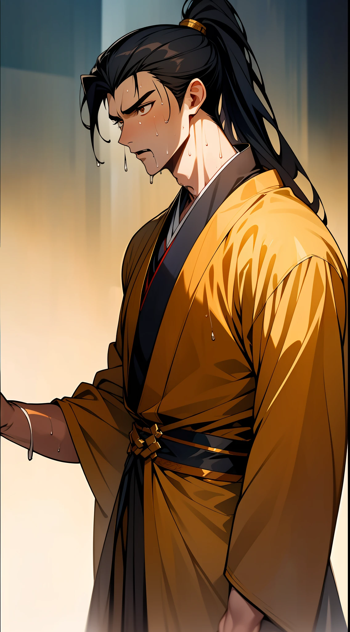 Two-dimensional, anime style, man (male warrior), muscle, correct proportions, face details, martial arts, high ponytail hairstyle, sweating, sweaty face, drooling, neck details, with Adam's apple, wet, wet, Hanfu costume, long robe, embroidered robe, dragon robe, clothing details, collar, long sleeves, game quality, swordsman demeanor, light and shadow tracing, ray tracing, detail glow, CG rendering, hair details, long black hair, golden eyes, sweaty face, handsome, handsome, sweat beads slipping down the neck, (juvenile feeling), complex clothing, wet, wet, perfect composition, refinement, high quality, more details, a lot of details, complex background, atmosphere,