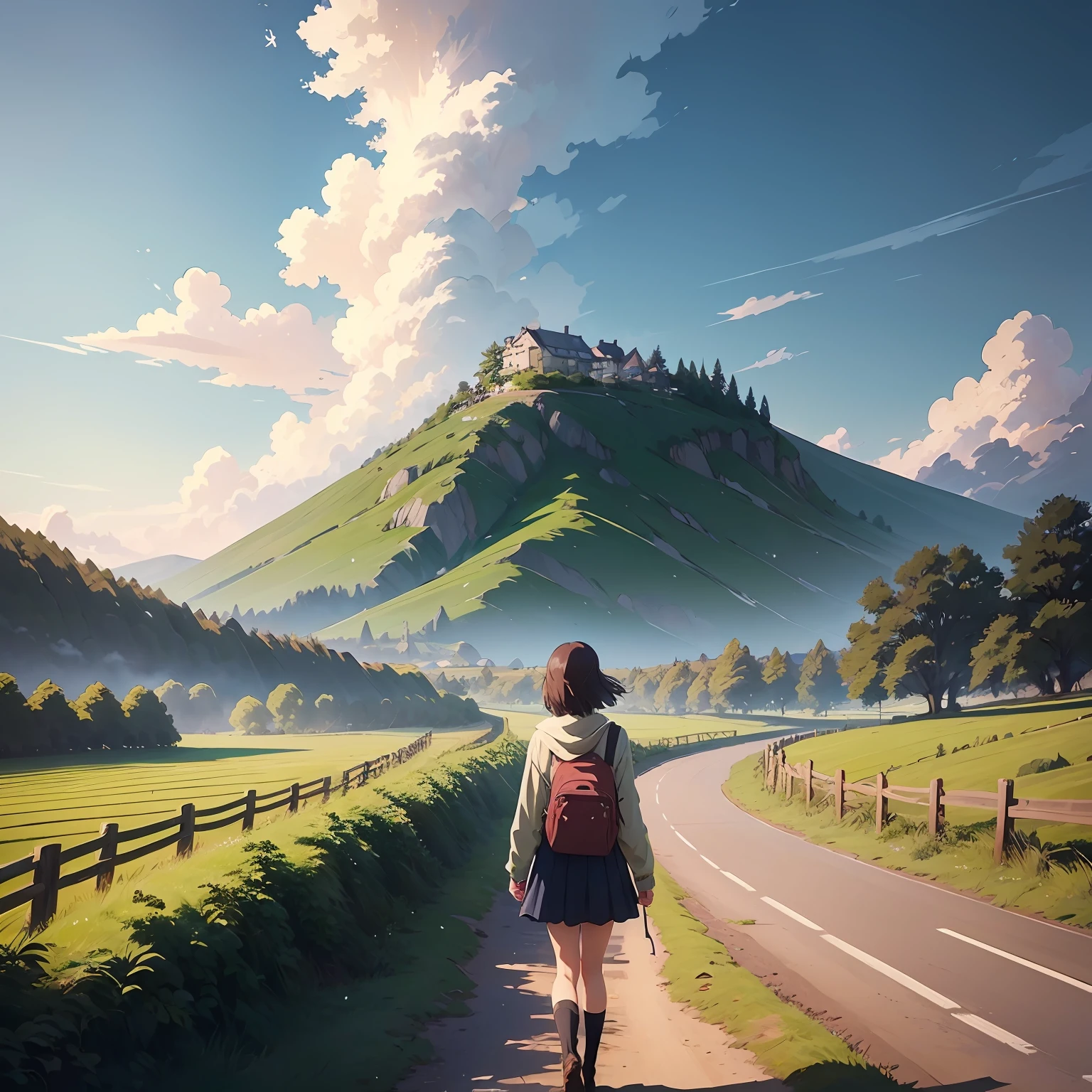 A girl in a flock,anime countryside landscape, studio glibly makoto shinkai, beautiful anime scenery, Detailed scenery Anime background art, Anime landscapes, beautiful anime scenes, Makoto Shinkai's style, Anime landscape, makoto sinkai --auto