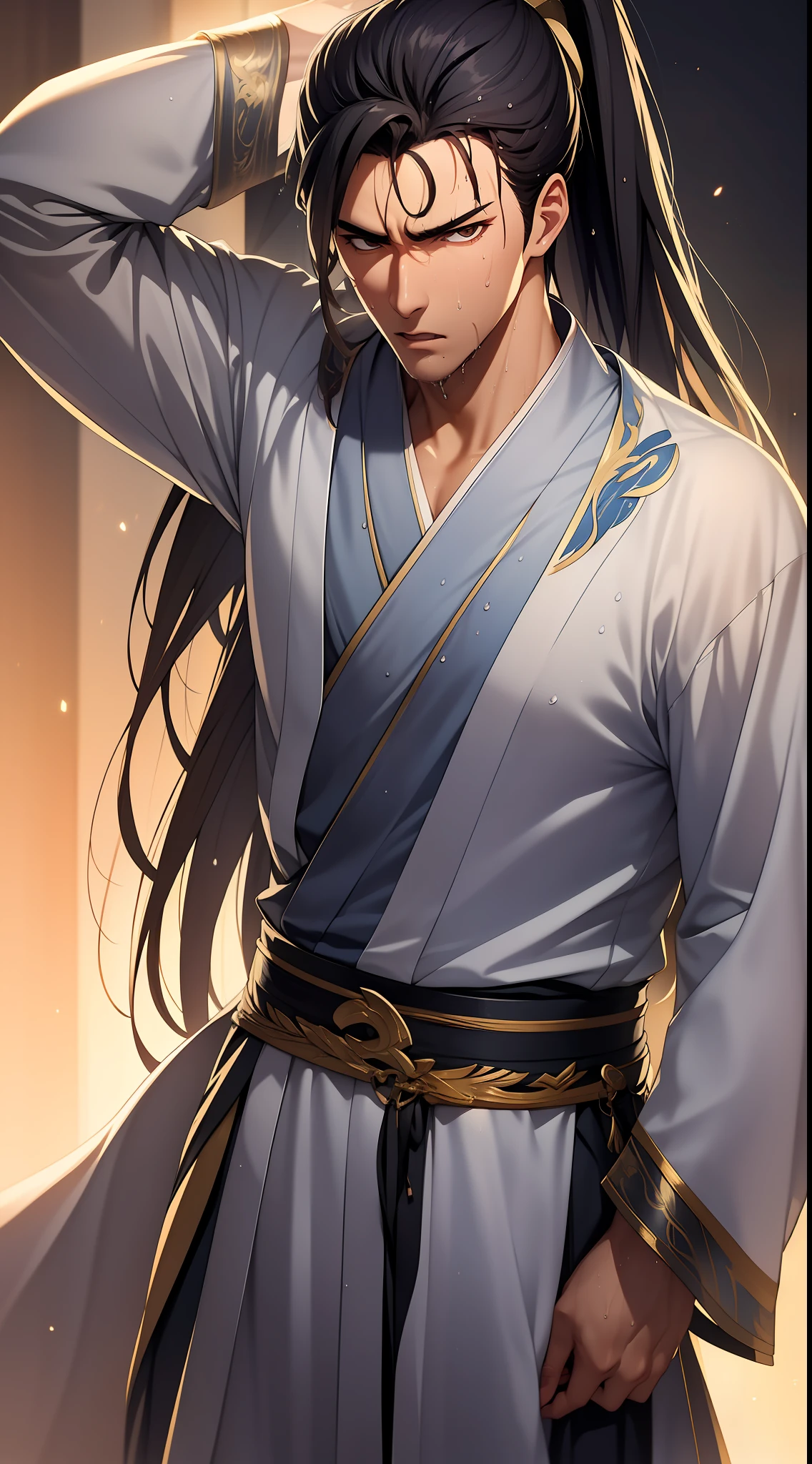 Two-dimensional, anime style, man (male warrior), muscle, correct proportions, face details, martial arts, high ponytail hairstyle, sweating, sweaty face, drooling, neck details, with Adam's apple, wet, wet, Hanfu costume, long robe, embroidered robe, dragon robe, clothing details, collar, long sleeves, game quality, swordsman demeanor, light and shadow tracing, ray tracing, detail glow, CG rendering, hair details, long black hair, golden eyes, sweaty face, handsome, handsome, sweat beads slipping down the neck, (juvenile feeling), complex clothing, wet, wet, perfect composition, refinement, high quality, more details, a lot of details, complex background, atmosphere,