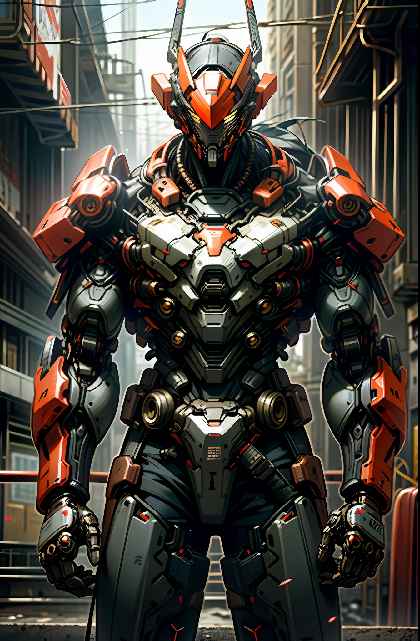 Dark_Fantasy,Cyberpunk,(chain saw,chain saw man,Red:1.1),1man,Mechanical marvel,Robotic presence,Cybernetic guardian, wearing a worn-out mech suit, intricate, (steel metal [rusty]), elegant, clear focus, shot by greg rutkowski, soft lighting, vibrant colors, masterpiece, ((street)), cowboy shot, dynamic pose,