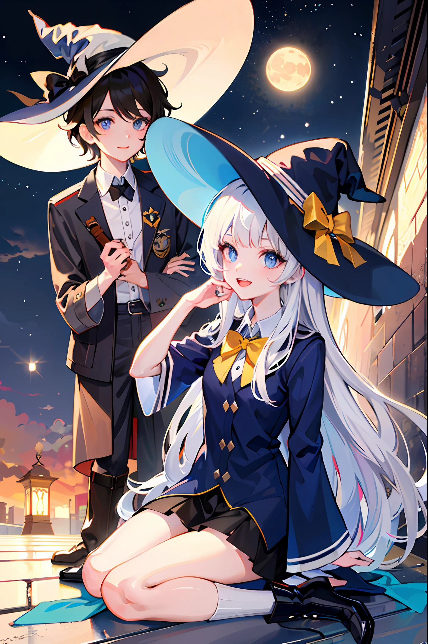 Anime girl in witch hat and black coat, an anime drawing inspired by Okumura Togyu, trending on pixiv, shin hanga, flirty anime witch casting magic, witch academia, The Witch, sky witch, screenshot from a 2012s anime, popular isekai anime, Wearing a witch hat, a young female wizard, Witch of Light Witch who travels the world Long white hair Irena with a magic broom Cute shirt dress Blue eyes (tmasterpiece,Best quality at best,A high resolution),
Elena, bucket-hat, Witch hat, 独奏, broom, Long white hair, Skysky, The shirt, a skirt, Clouds, sorceress woman, with her mouth open, ssmile, blackfootwear, Black tiara, White color blouse, sidesaddle, a black skirt, , Robe, Bow tie tie, yellow bowtie, Idle, Black robe, Bow knot, Open robe, Hands on the head, longer sleeves, pointy footwear, Boots, full bodyesbian, yellow bow, , high-heels, Wide sleeves, :D, collared shir, naked leg,ph elaina/yileina,Extremely detailed Cg Unity 8K wallpaper,Highly detailed,(Masterpiece)), Dynamic Angle, (((Best quality))), Best shadow,((Ultra-detailed)), ((illustration)),Wide background, ((An extremely delicate and beautiful)),Dynamic Angle, Night, Night_sky, (Moon), Detailed clouds, winter, Winter sky,Snow, nevando,snowflower,modern street, lamp post,Drifting snowflakes, Beautiful detailed sky, Beautiful detailed eyes, Lens flare, Detailed light,Fog surrounds,Dynamic Angle,classic,(Detailed light),Modern City,Beautiful and sophisticated modern city,(Painting),Sketch,(full bloom),(rays of moonlight) Badges, hair bunch, yellow hair ribbon, A person sits and watches the sunset White hair White hair White hair