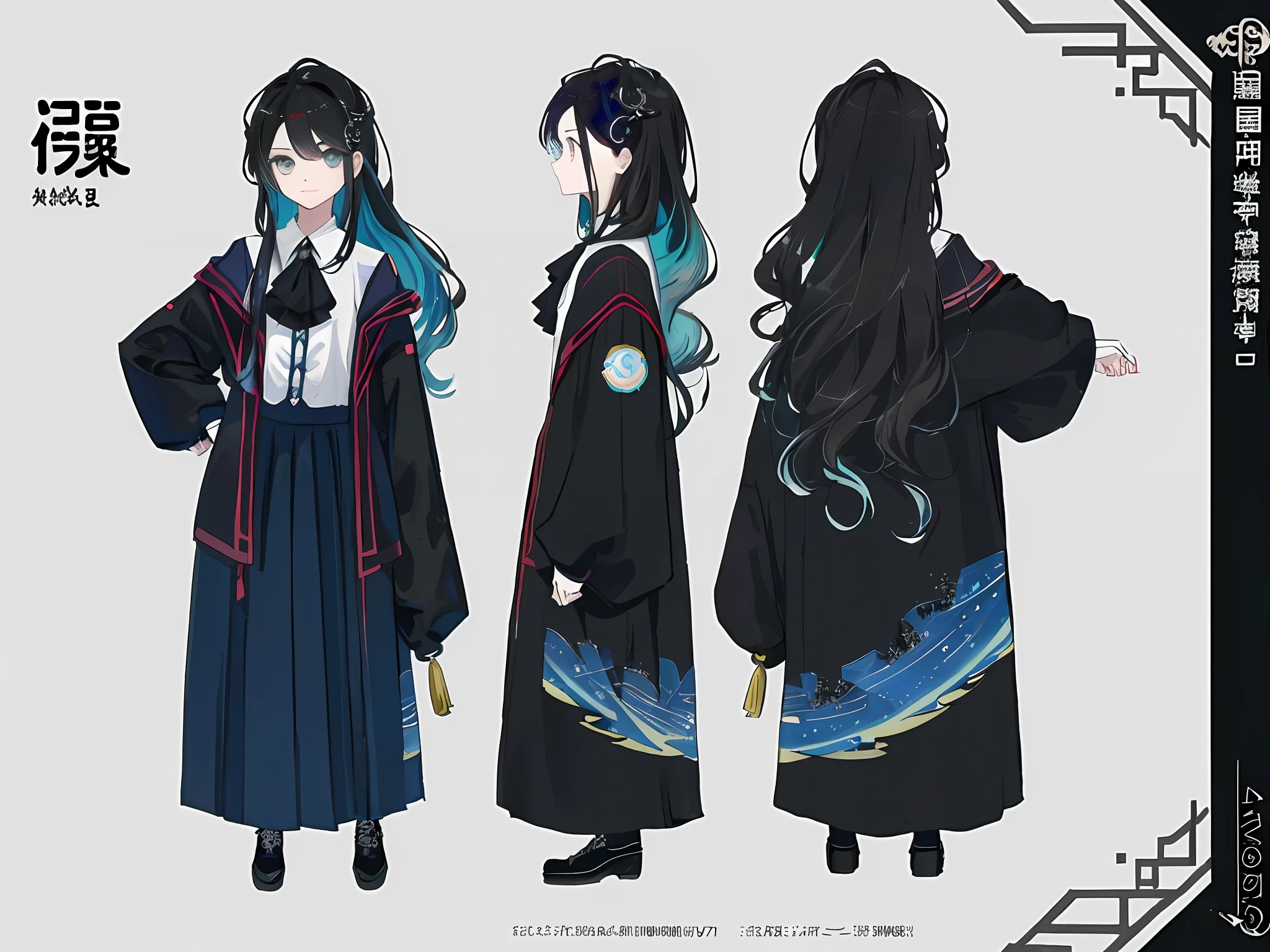 ((masterpiece)),(((best quality))),(character design sheet, same character, front, side, back), illustration, 1 girl, hair color, bangs, long black hair, eyes, environment change scene, Hairstyle Fax, Pose Zitai, Female, Shirt Shangyi, Star, Charturnbetalora, (simple background, white background: 1.3), --6