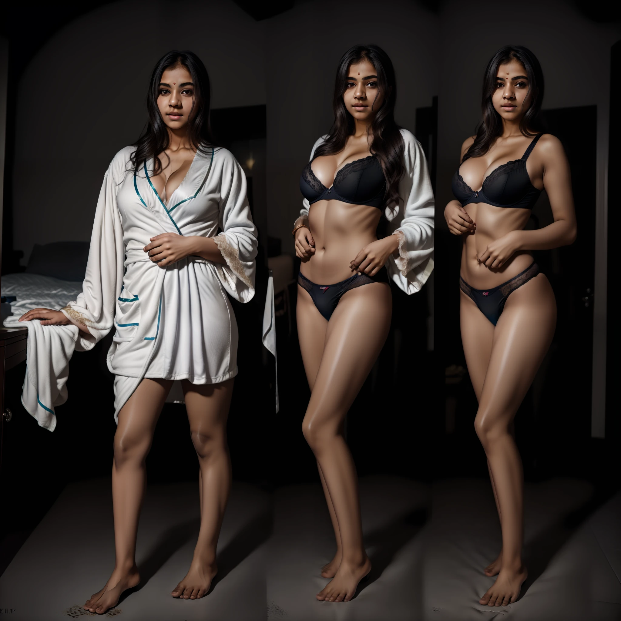 Indian woman wearing a bathrobe undressing to underwear,(((full body))), photography, detailed skin, realistic, photo-realistic, 8k, highly detailed, full length frame, High detail RAW color art, piercing, diffused soft lighting, shallow depth of field, sharp focus, hyperrealism, cinematic lighting, busty, curvy