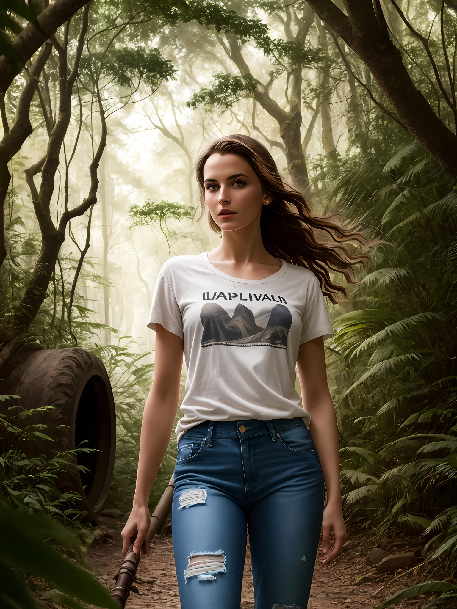 a beautiful cinematic masterpiece portrait of Tirkish girl with black weavy hair as lara croft from tomb raider, covered in dirt, treasure hunter, ((white basic teeshirt, full length shirt, tight torn jeans)), with a complex jungle background with ancient jungle ruins, by gil elvgren, by frank frazetta, by greg rutkowski, trending on artstation, featured on pixiv, hyper detailed, beautiful studio lights, intricate elegant digital painting, cinematic composition, dramatic pose, smooth, sharp focus, (((professional photography))),dappled light, romantic, HDR, highly detailed, hasselblad, 8k, hyper realistic, eye level shot, f1.4 aperture, 8mm film grain, cinestill 800, by Jean Paul Gaultier and Jules Bastien-Lepage and Stella McCartney, (((professional photography))),dappled light, romantic, HDR, highly detailed, hasselblad, 8k, hyper realistic, eye level shot, f1.4 aperture, 8mm film grain, cinestill 800