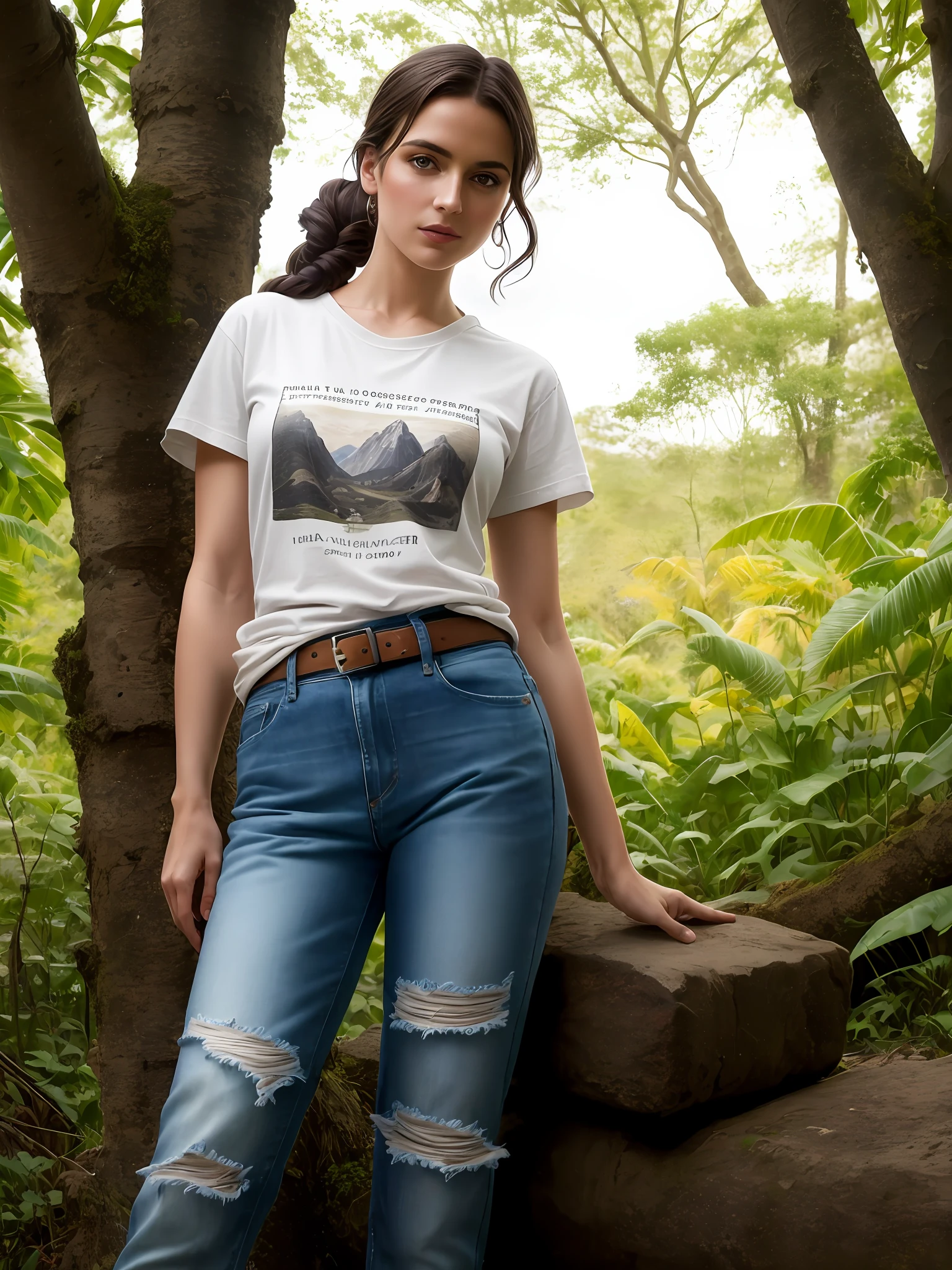 a beautiful cinematic masterpiece portrait of Tirkish girl with black weavy hair as lara croft from tomb raider, covered in dirt, treasure hunter, ((white basic teeshirt, full length shirt, tight torn jeans)), with a complex jungle background with ancient jungle ruins, by gil elvgren, by frank frazetta, by greg rutkowski, trending on artstation, featured on pixiv, hyper detailed, beautiful studio lights, intricate elegant digital painting, cinematic composition, dramatic pose, smooth, sharp focus, (((professional photography))),dappled light, romantic, HDR, highly detailed, hasselblad, 8k, hyper realistic, eye level shot, f1.4 aperture, 8mm film grain, cinestill 800, by Jean Paul Gaultier and Jules Bastien-Lepage and Stella McCartney, (((professional photography))),dappled light, romantic, HDR, highly detailed, hasselblad, 8k, hyper realistic, eye level shot, f1.4 aperture, 8mm film grain, cinestill 800