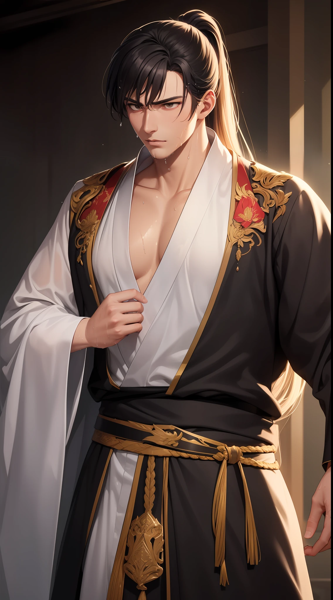 Two-dimensional, anime style, man (male warrior), muscle, correct proportions, face details, martial arts, high ponytail hairstyle, sweating, sweaty face, drooling, neck details, with Adam's apple, wet, wet, Hanfu costume, long robe, embroidered robe, dragon robe, clothing details, collar, long sleeves, game quality, swordsman demeanor, light and shadow tracing, ray tracing, detail glow, CG rendering, hair details, long black hair, golden eyes, sweaty face, handsome, handsome, sweat beads slipping down the neck, (juvenile feeling), complex clothing, wet, wet, perfect composition, refinement, high quality, more details, a lot of details, complex background, atmosphere,