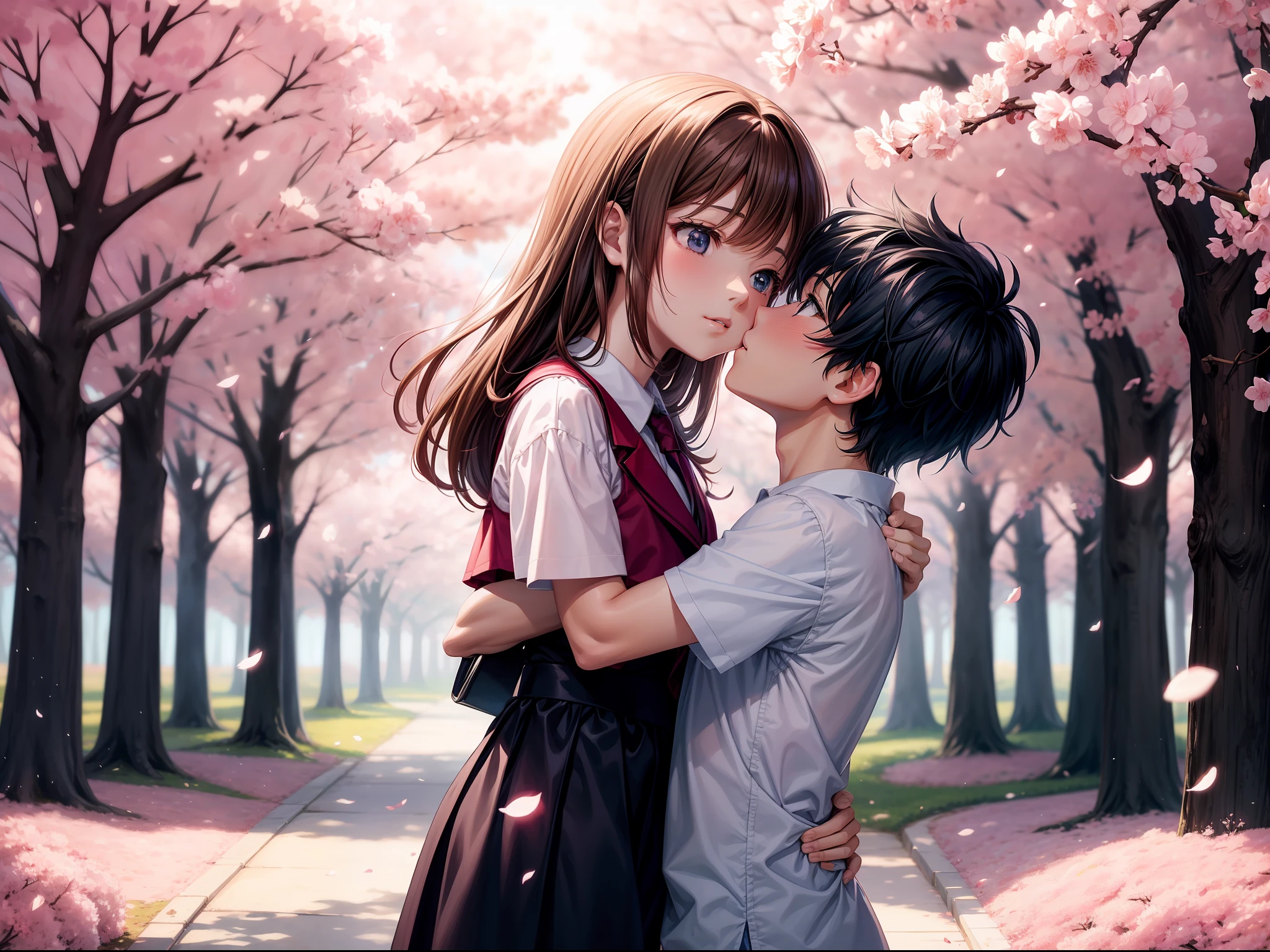 An anime scene of a boy and girl hugging and kissing intensely, with hearts and sparkles floating around them as they stand under the cherry blossoms in a dreamy park