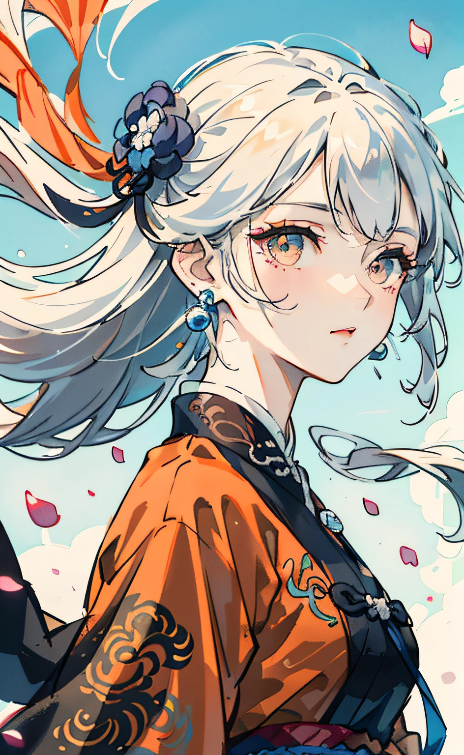 Mature girl , dark orange eyes, blue and white hair color, floating hair, delicate and smart eyes, intricate damask hanfu, gorgeous accessories, wearing pearl earrings, fov, f/1.8, masterpiece, ancient Chinese architecture, blue sky, flower petals flying, front portrait shot, Chang'e, side lighting, sunlight on people, 8K