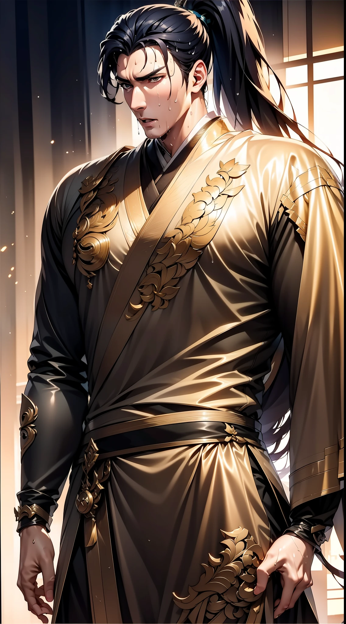 Two-dimensional, anime style, man (male warrior), muscle, correct proportions, face details, martial arts, high ponytail hairstyle, sweating, sweaty face, drooling, neck details, with Adam's apple, wet, wet, Hanfu costume, long robe, embroidered robe, dragon robe, clothing details, collar, long sleeves, game quality, swordsman demeanor, light and shadow tracing, ray tracing, detail glow, CG rendering, hair details, long black hair, golden eyes, sweaty face, handsome, handsome, sweat beads slipping down the neck, (juvenile feeling), complex clothing, wet, wet, perfect composition, refinement, high quality, more details, a lot of details, complex background, atmosphere,