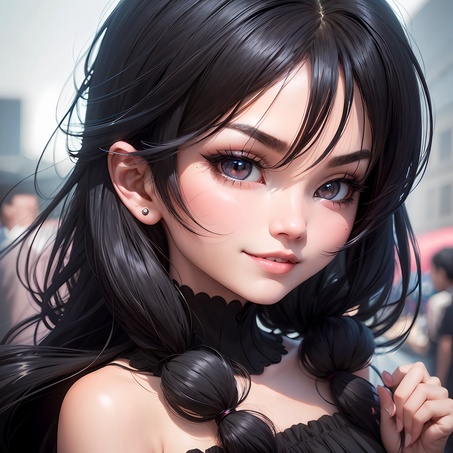 black hair, hair bobbles, wince, longeyelashes, solid circle eyes, light smile, ear blush, fang, Surrealism, drop shadow, anaglyph, stereogram, tachi-e, pov, atmospheric perspective, 8k, super detail, ccurate, best quality --auto