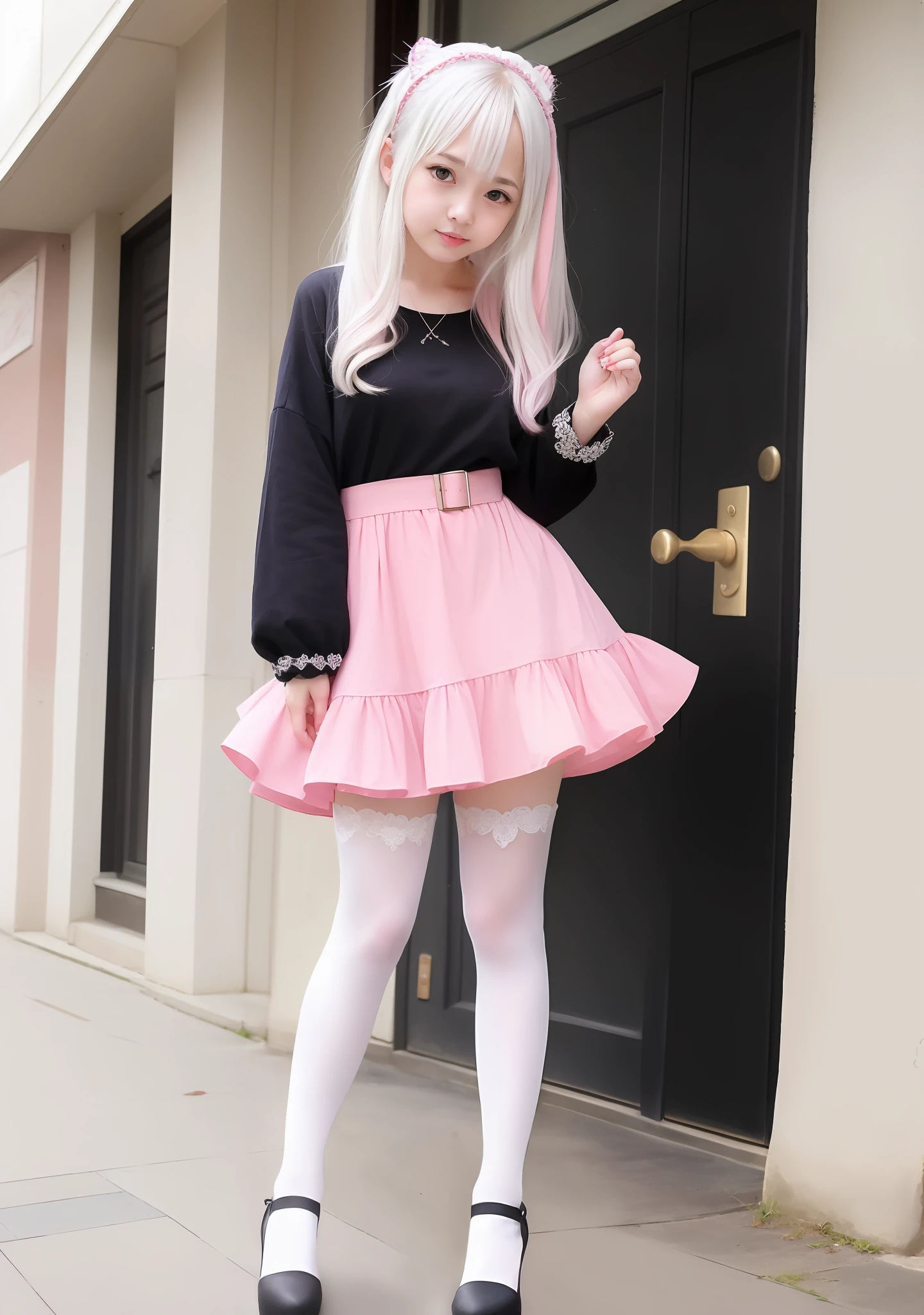 Anime girl in white hair pink dress,Anime girl,Full-body art,Cute girl,cute artwork,Twelve years old,full bodyesbian,Stockings。