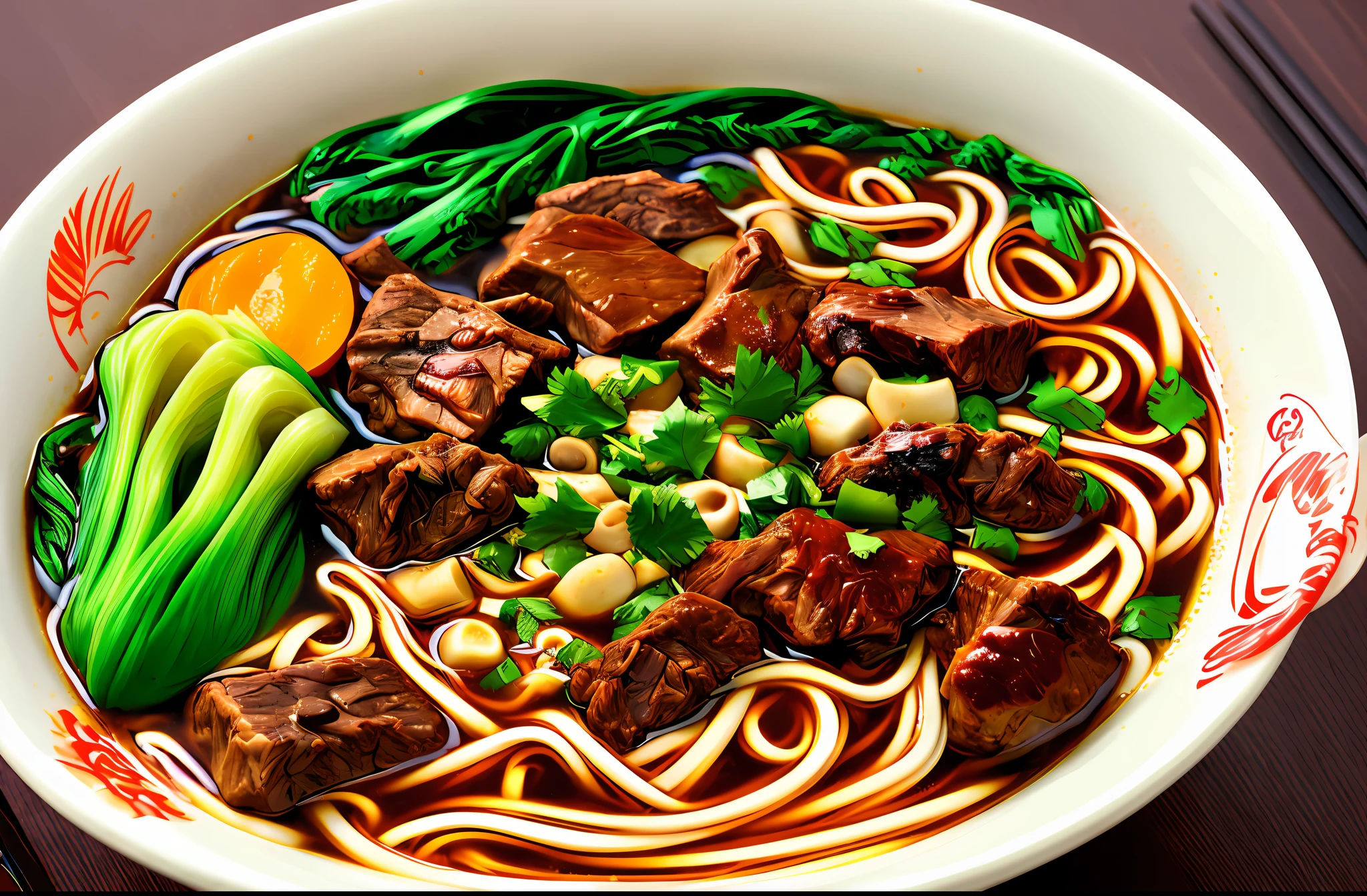 a bowl of beef noodle soup, ((masterpiece)),illustration,high detail, soft lighting, delicious, colorful, aesthetically pleasing, studio lighting, trending