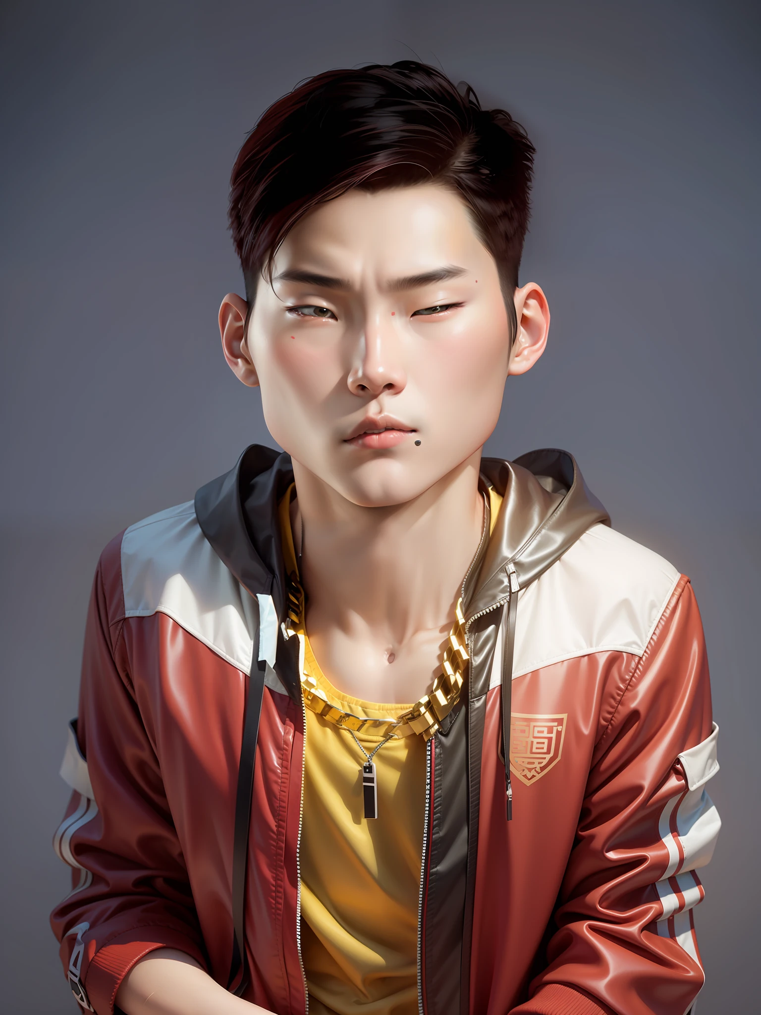 A Chinese male high school student,Wear PVC colored casual clothes,There are zippers