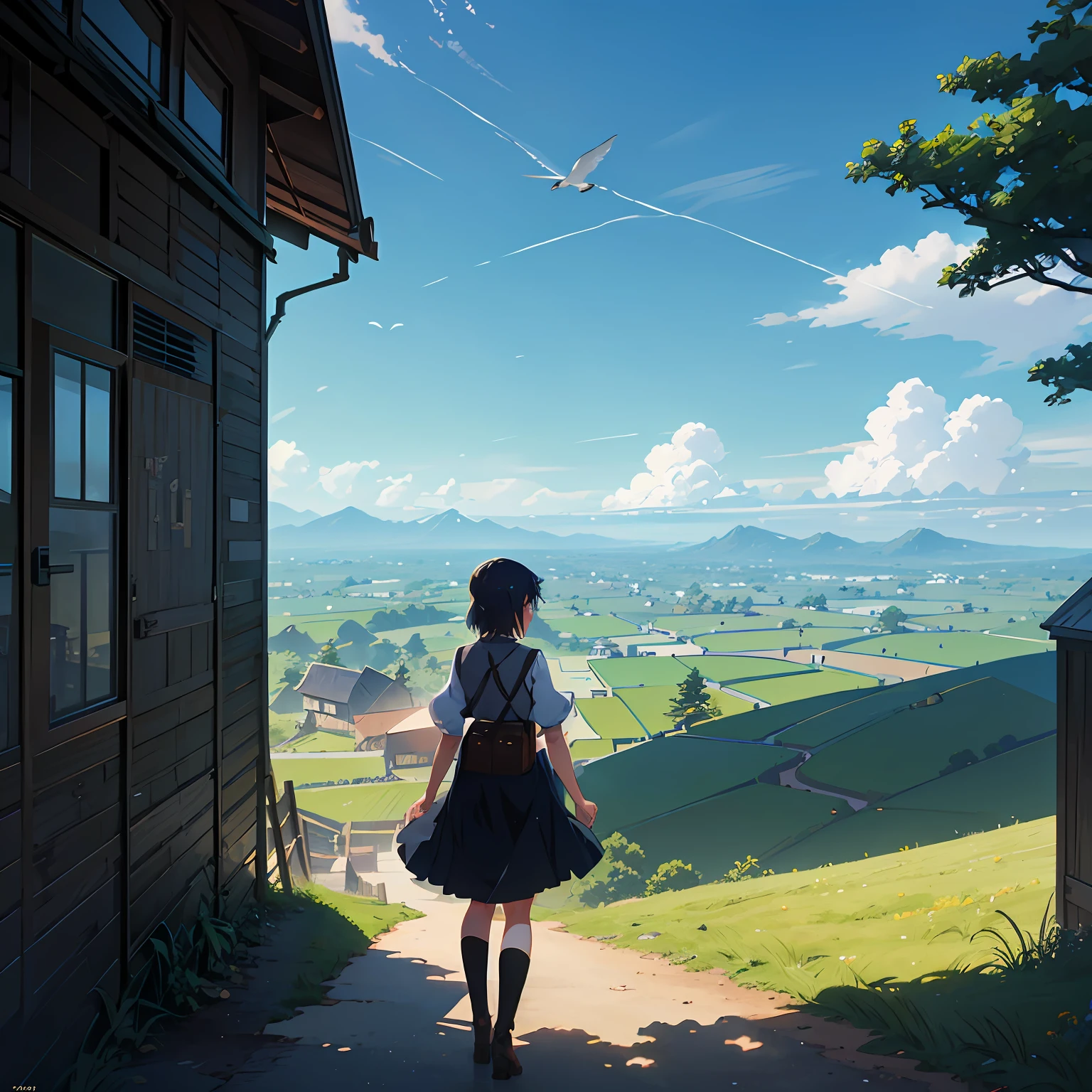 Girl in the flock，anime countryside landscape, studio glibly makoto shinkai, beautiful anime scenery, Detailed landscape anime background art, Anime landscapes, beautiful anime scenes, Makoto Shinkai's style, Anime landscape, makoto sinkai --auto